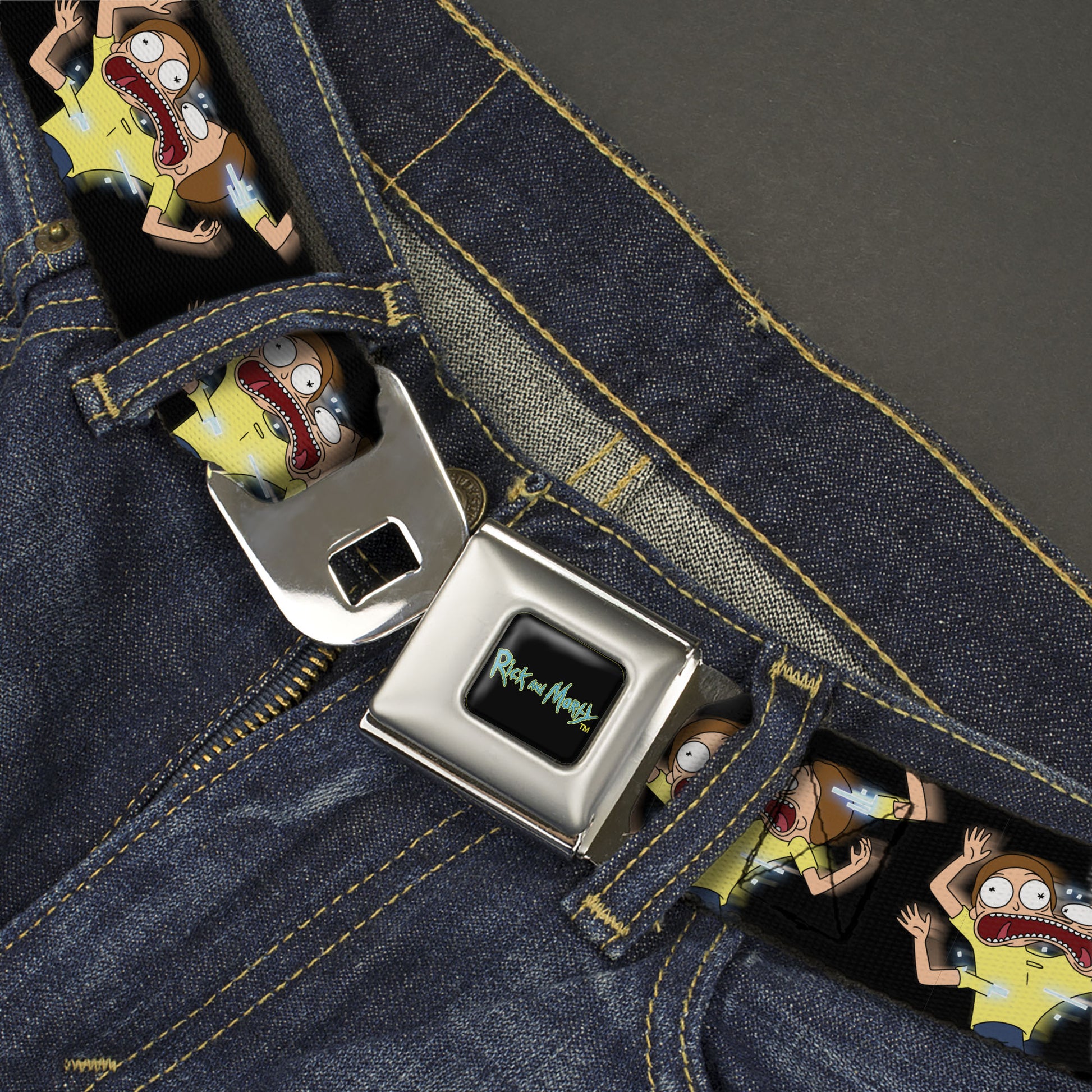 RICK AND MORTY Text Logo Full Color Black/Blue Seatbelt Belt - Morty Full Body Glitch Pose Black Webbing Seatbelt Belts Rick and Morty