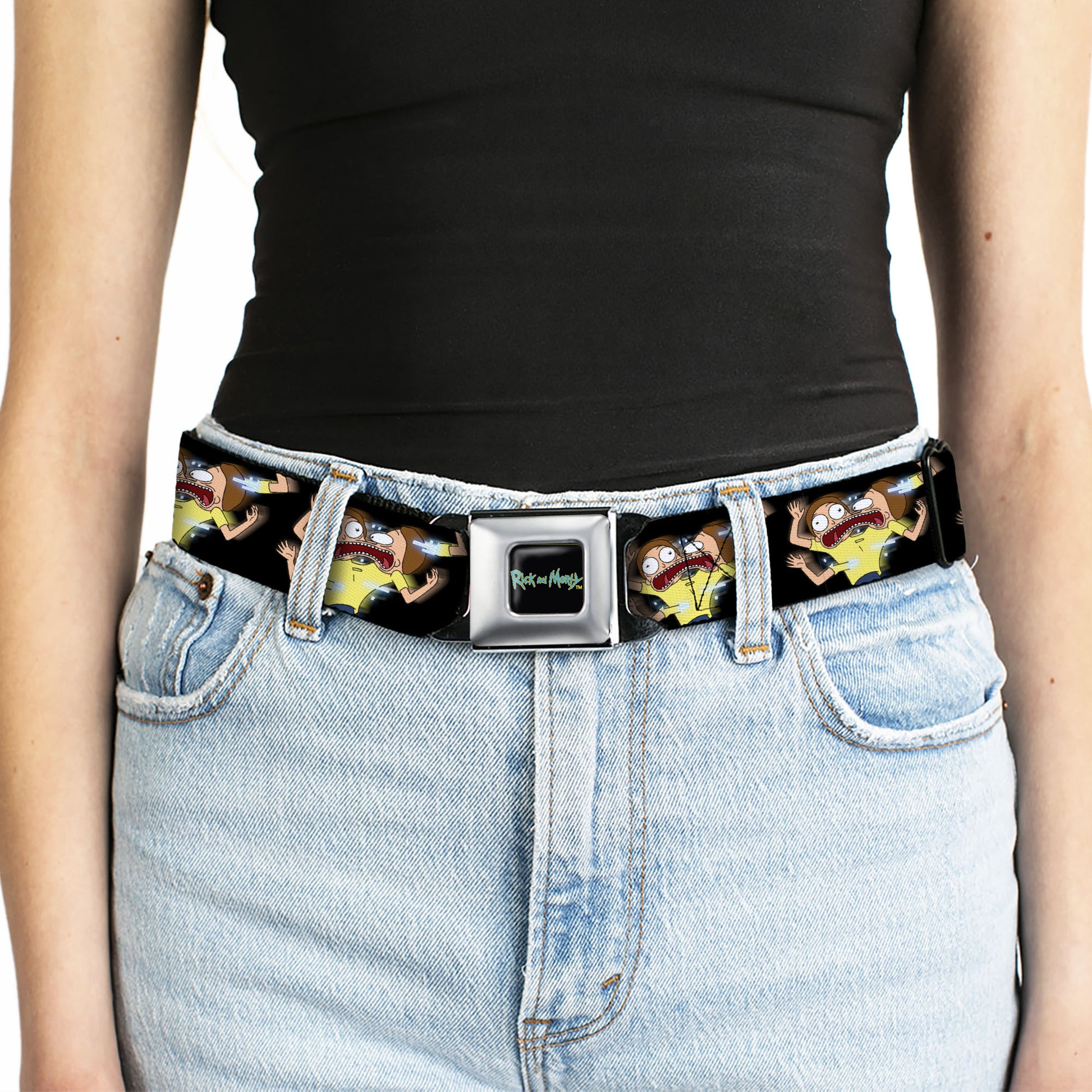 RICK AND MORTY Text Logo Full Color Black/Blue Seatbelt Belt - Morty Full Body Glitch Pose Black Webbing Seatbelt Belts Rick and Morty