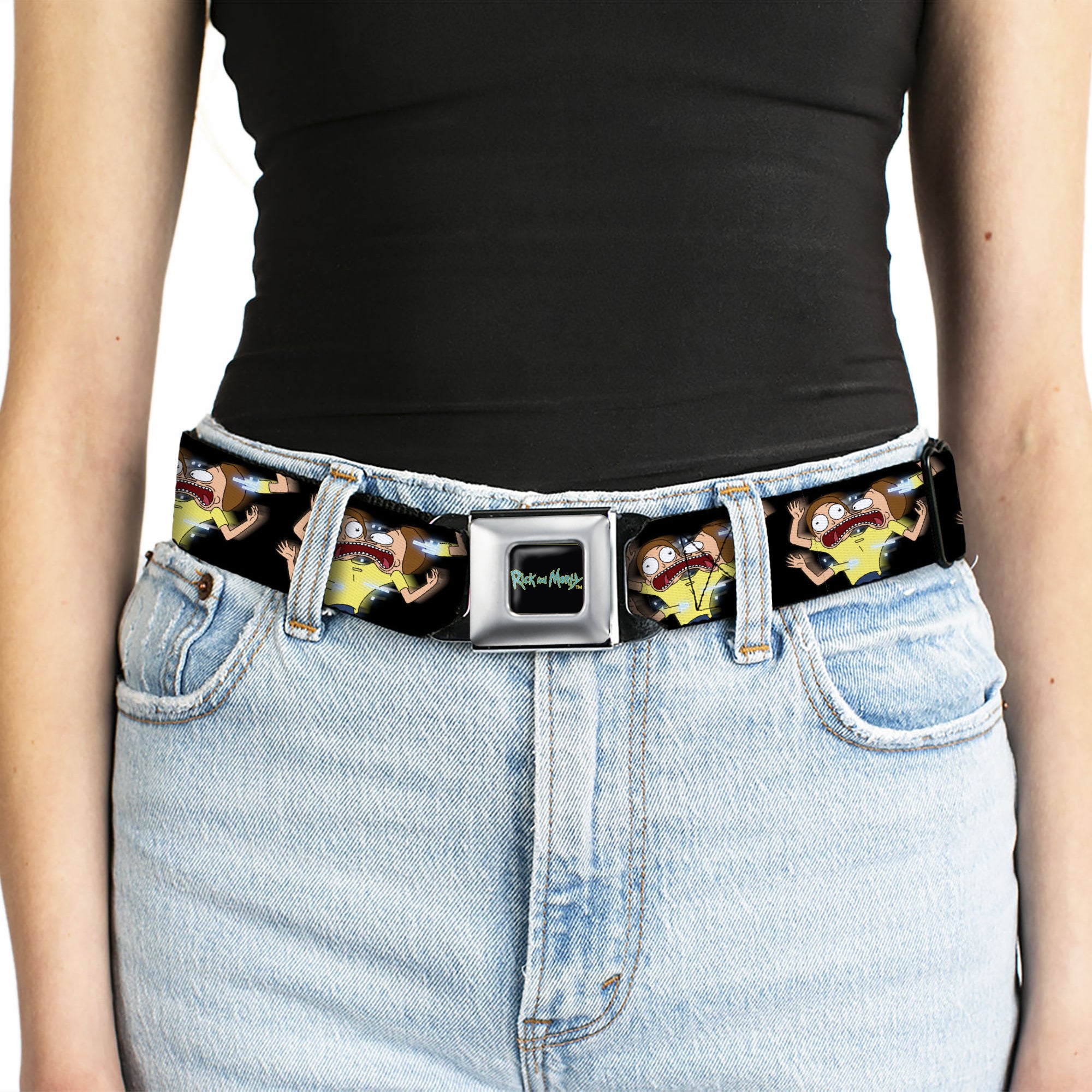 RICK AND MORTY Text Logo Full Color Black/Blue Seatbelt Belt - Morty Full Body Glitch Pose Black Webbing Seatbelt Belts Rick and Morty
