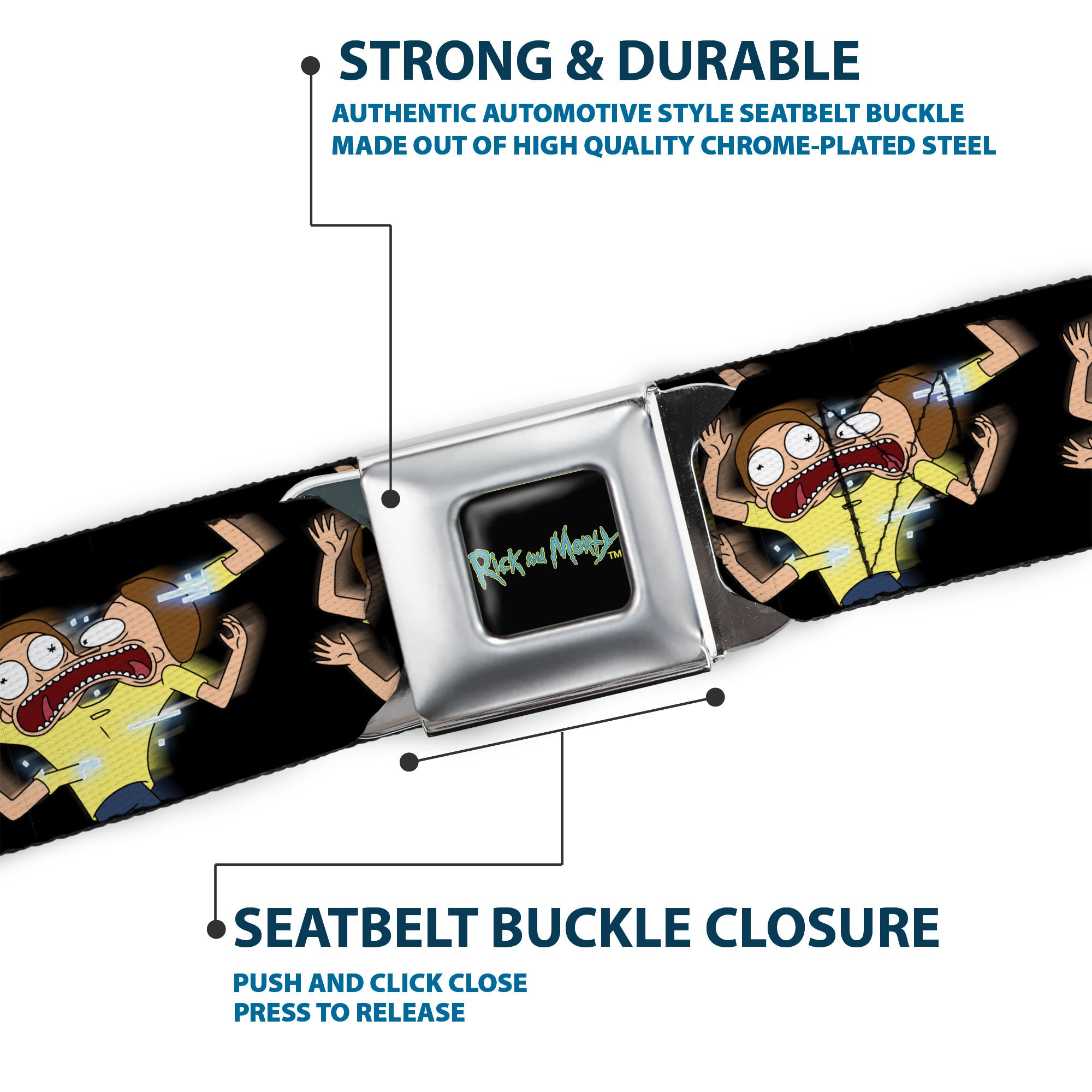 RICK AND MORTY Text Logo Full Color Black/Blue Seatbelt Belt - Morty Full Body Glitch Pose Black Webbing Seatbelt Belts Rick and Morty