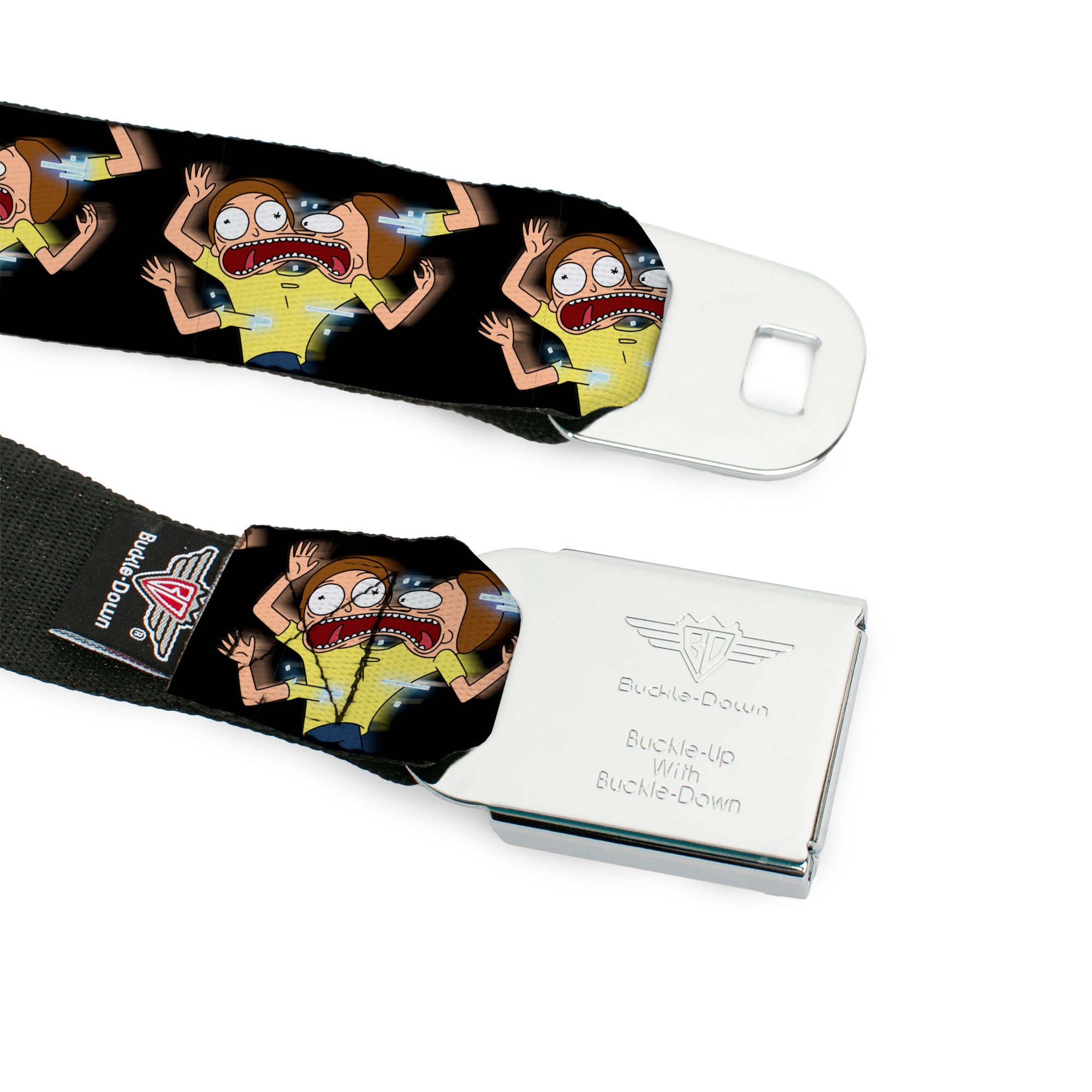 RICK AND MORTY Text Logo Full Color Black/Blue Seatbelt Belt - Morty Full Body Glitch Pose Black Webbing Seatbelt Belts Rick and Morty
