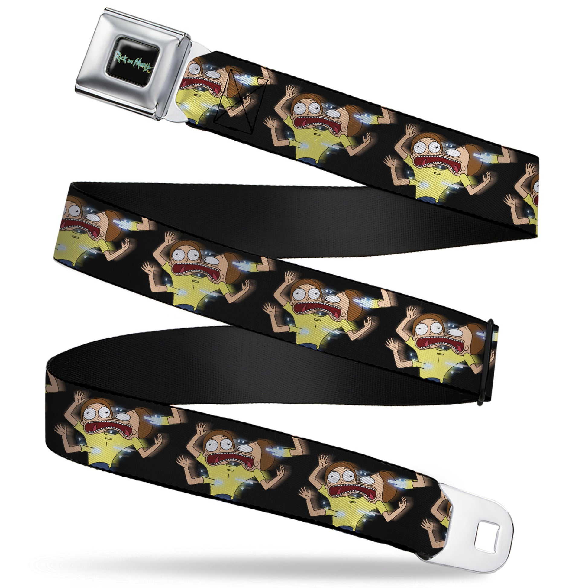 RICK AND MORTY Text Logo Full Color Black/Blue Seatbelt Belt - Morty Full Body Glitch Pose Black Webbing Seatbelt Belts Rick and Morty