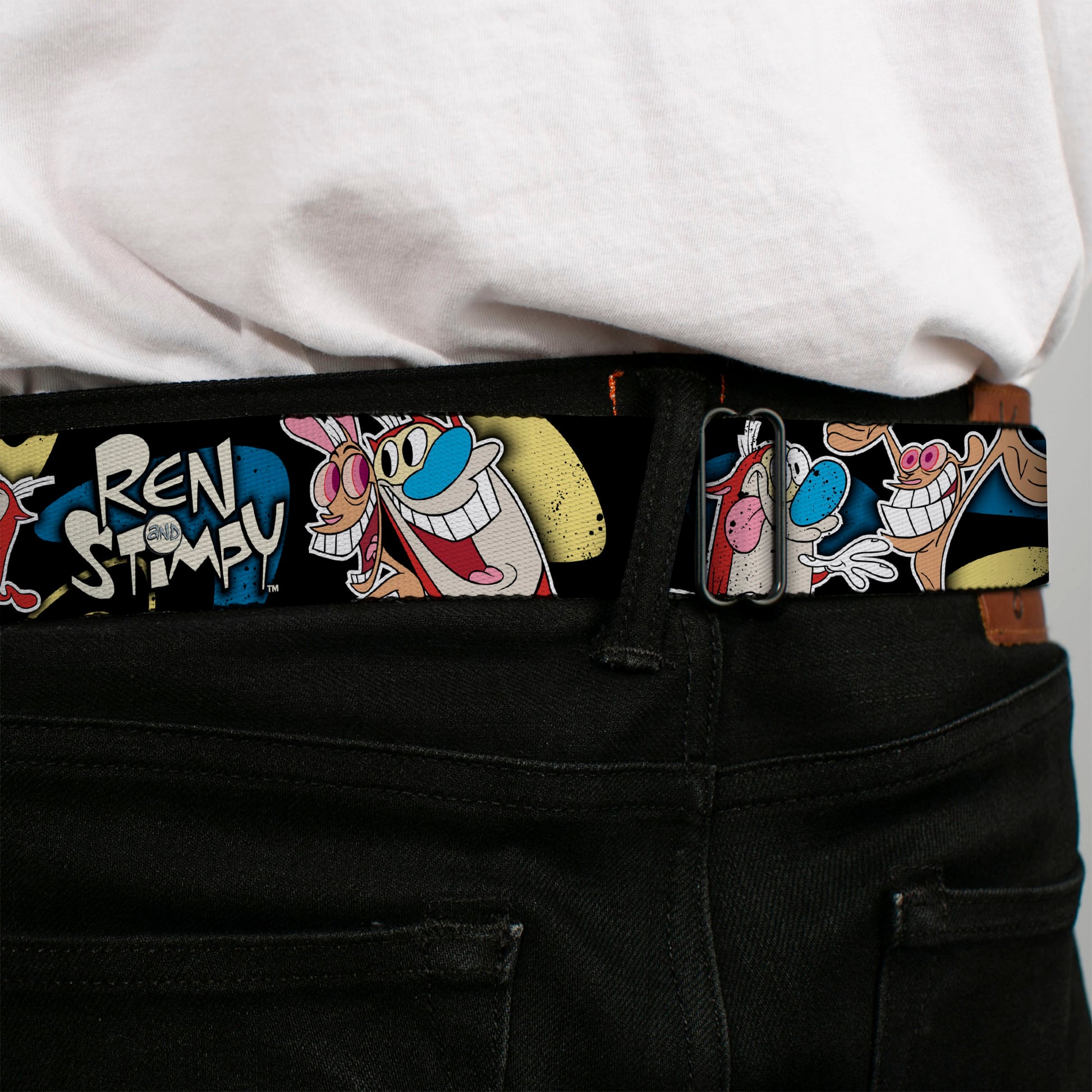 Ren & Stimpy Pose Full Color Black Seatbelt Belt - REN & STIMPY Poses Black/Blue/Yellow Webbing Seatbelt Belts Ren and Stimpy