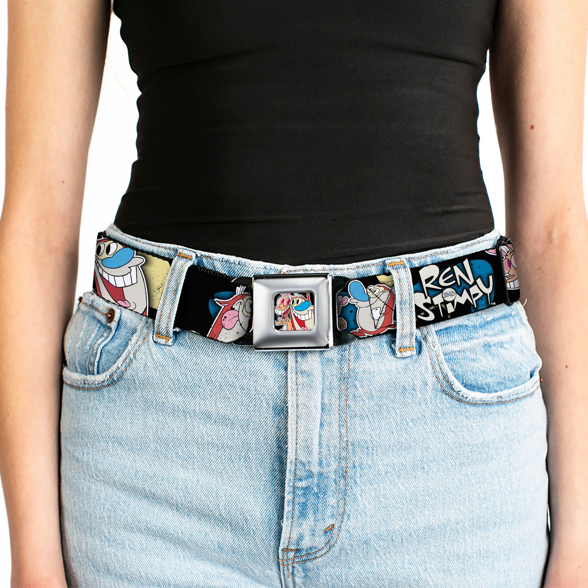 Ren & Stimpy Pose Full Color Black Seatbelt Belt - REN & STIMPY Poses Black/Blue/Yellow Webbing Seatbelt Belts Ren and Stimpy