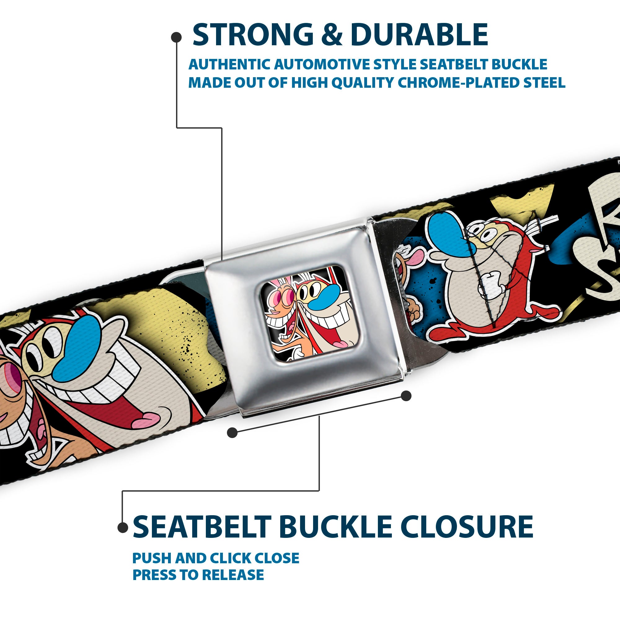 Ren & Stimpy Pose Full Color Black Seatbelt Belt - REN & STIMPY Poses Black/Blue/Yellow Webbing Seatbelt Belts Ren and Stimpy