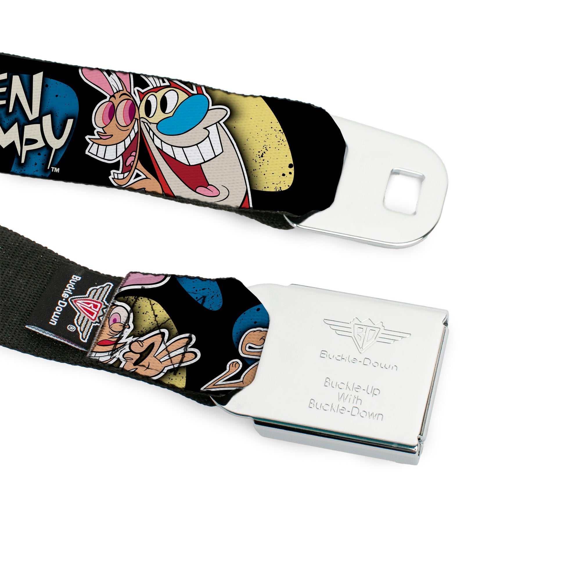 Ren & Stimpy Pose Full Color Black Seatbelt Belt - REN & STIMPY Poses Black/Blue/Yellow Webbing Seatbelt Belts Ren and Stimpy