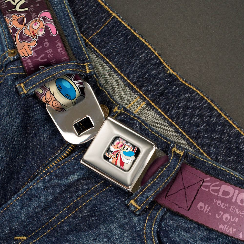 Ren & Stimpy Pose Full Color Black Seatbelt Belt - REN & STIMPY Poses Text Purples Webbing Seatbelt Belts Ren and Stimpy