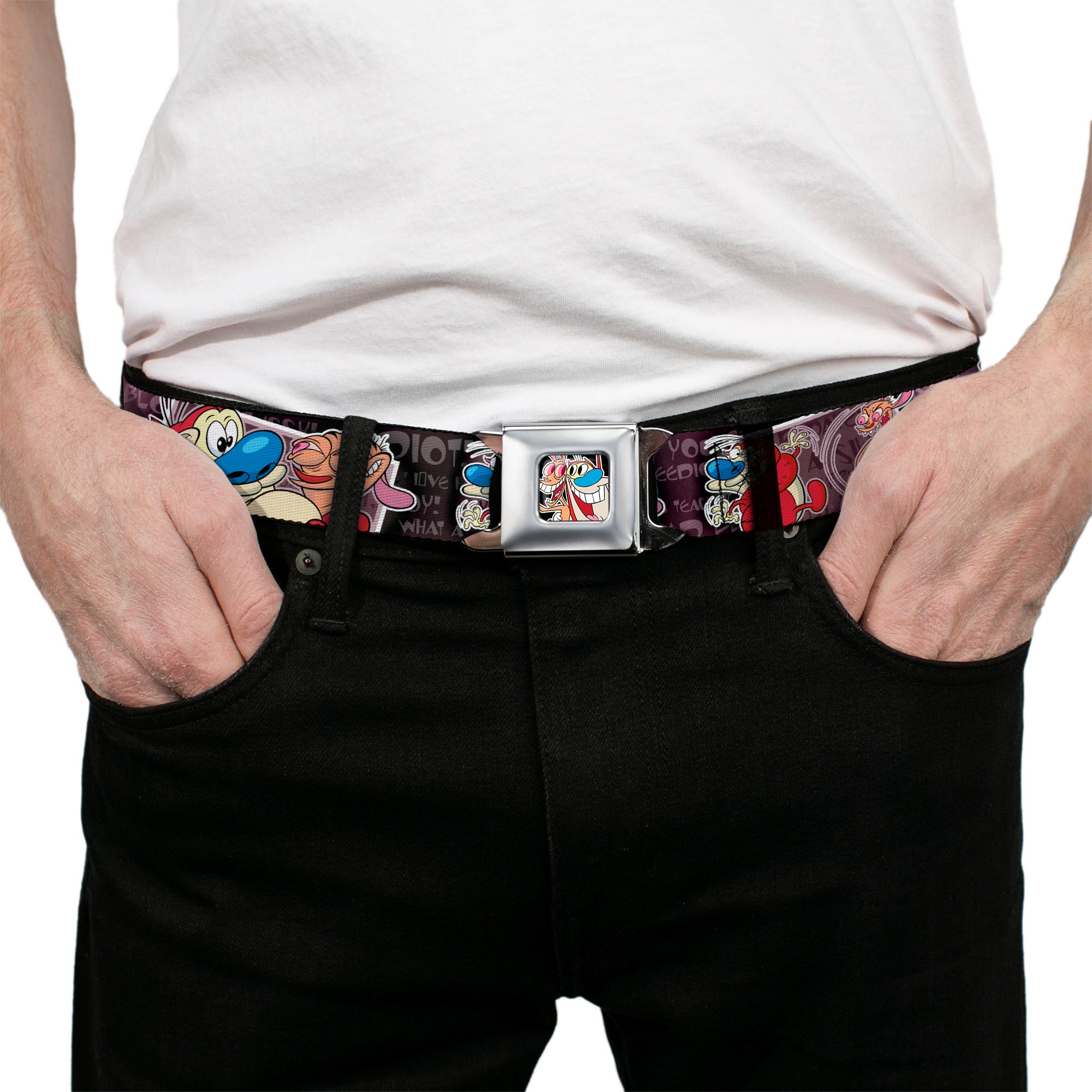 Ren & Stimpy Pose Full Color Black Seatbelt Belt - REN & STIMPY Poses Text Purples Webbing Seatbelt Belts Ren and Stimpy