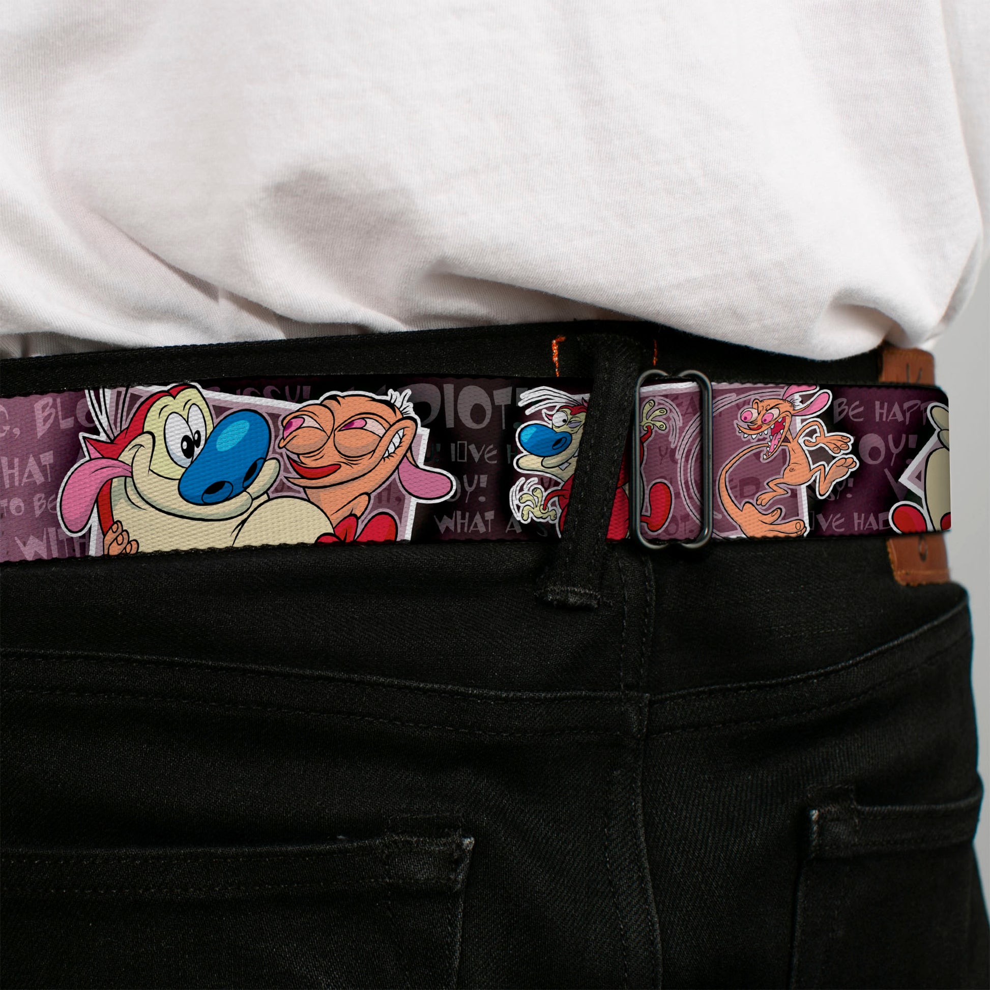Ren & Stimpy Pose Full Color Black Seatbelt Belt - REN & STIMPY Poses Text Purples Webbing Seatbelt Belts Ren and Stimpy