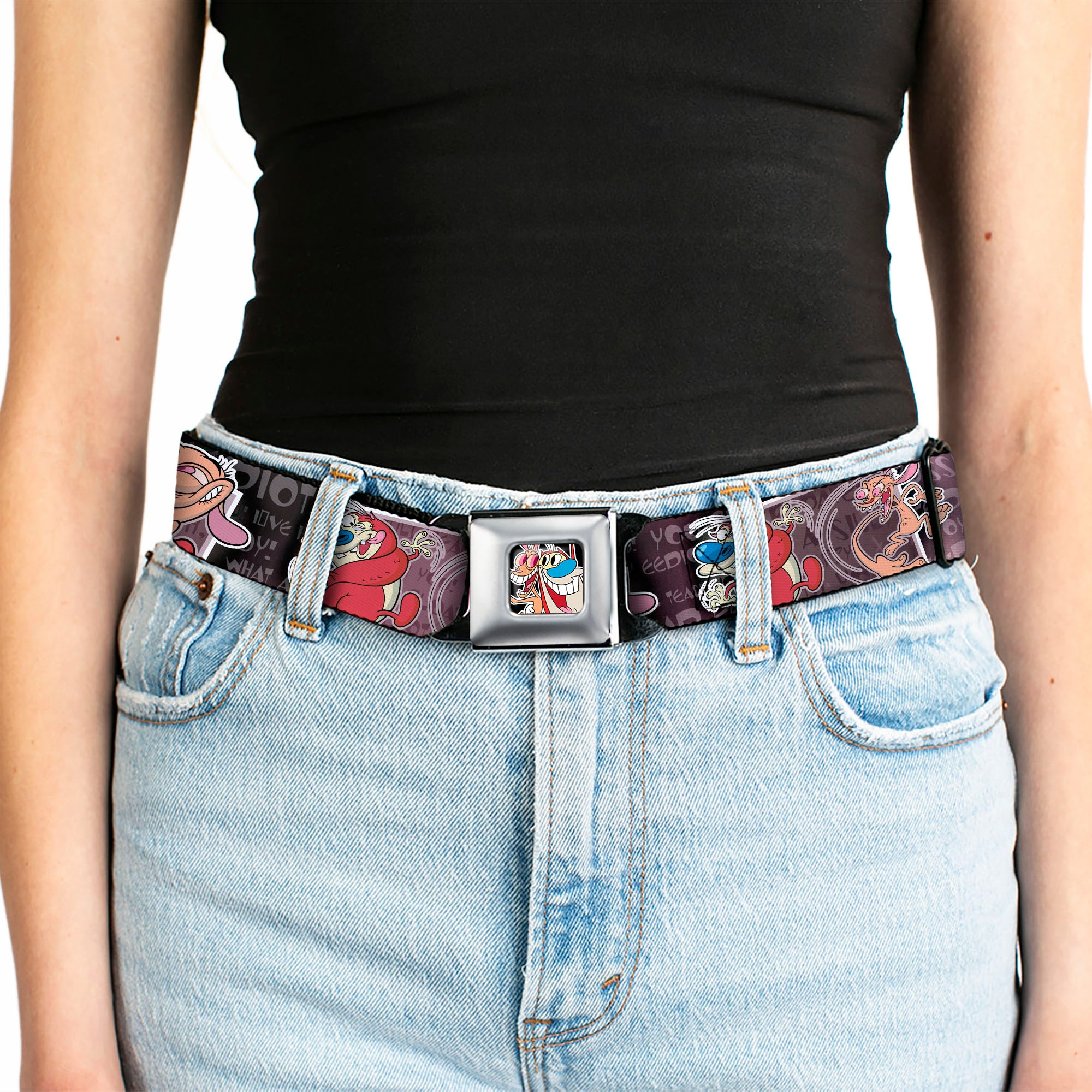 Ren & Stimpy Pose Full Color Black Seatbelt Belt - REN & STIMPY Poses Text Purples Webbing Seatbelt Belts Ren and Stimpy