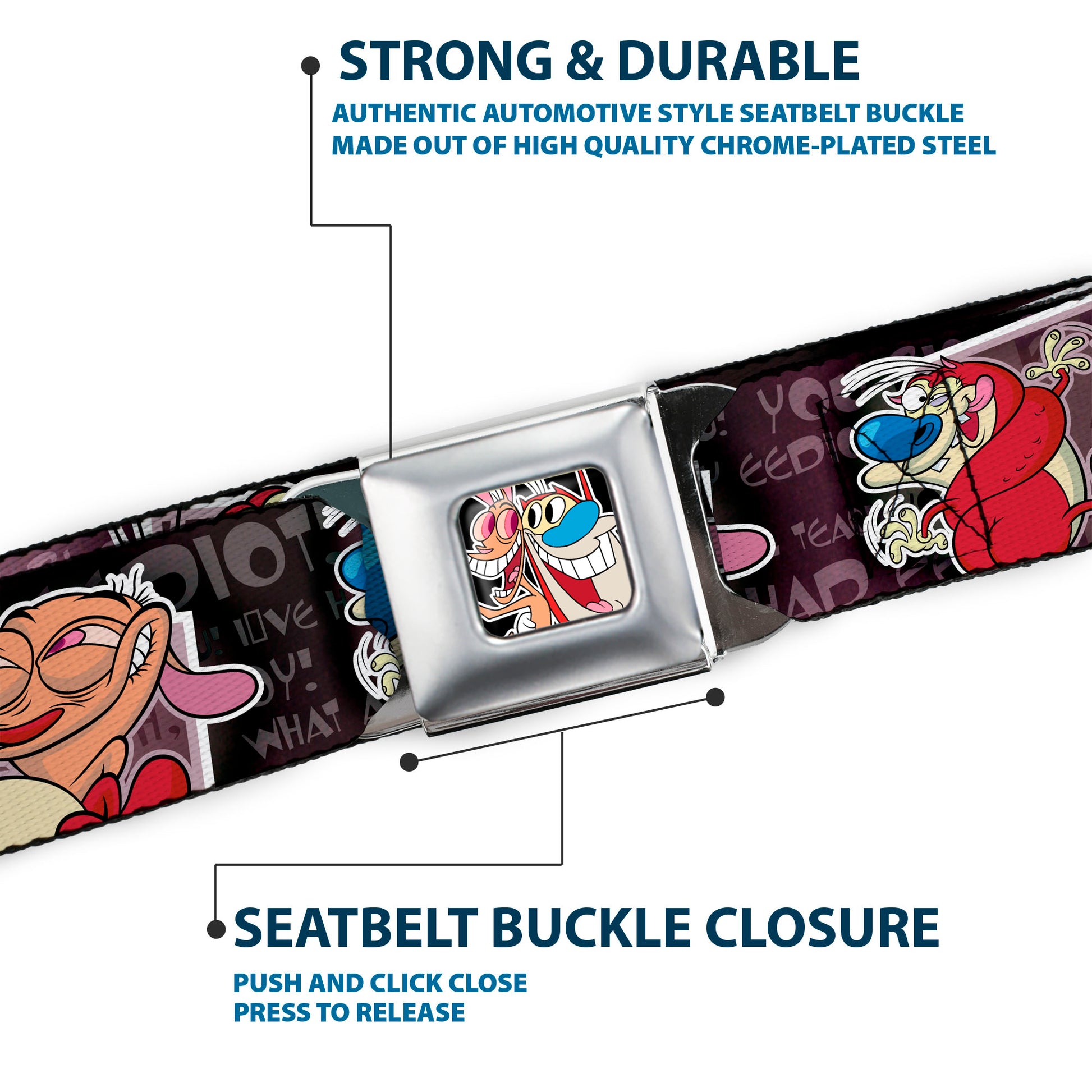 Ren & Stimpy Pose Full Color Black Seatbelt Belt - REN & STIMPY Poses Text Purples Webbing Seatbelt Belts Ren and Stimpy