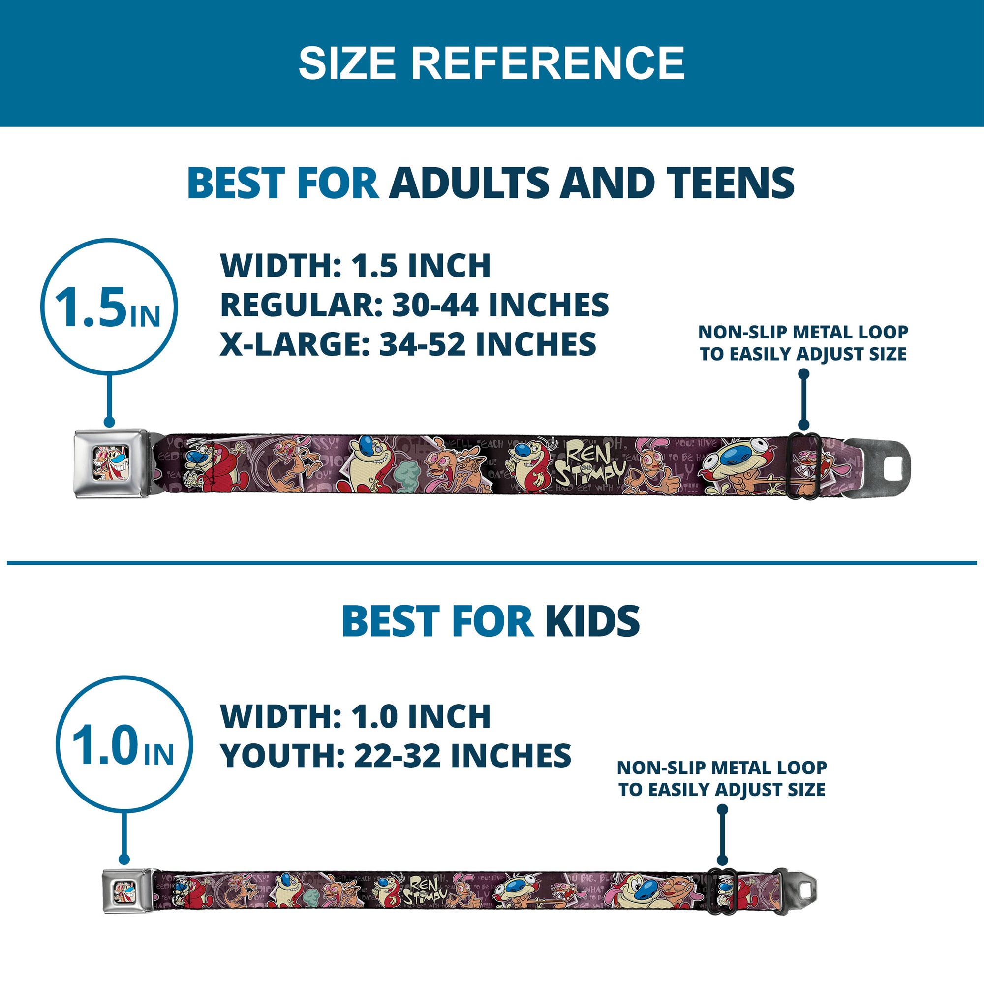 Ren & Stimpy Pose Full Color Black Seatbelt Belt - REN & STIMPY Poses Text Purples Webbing Seatbelt Belts Ren and Stimpy