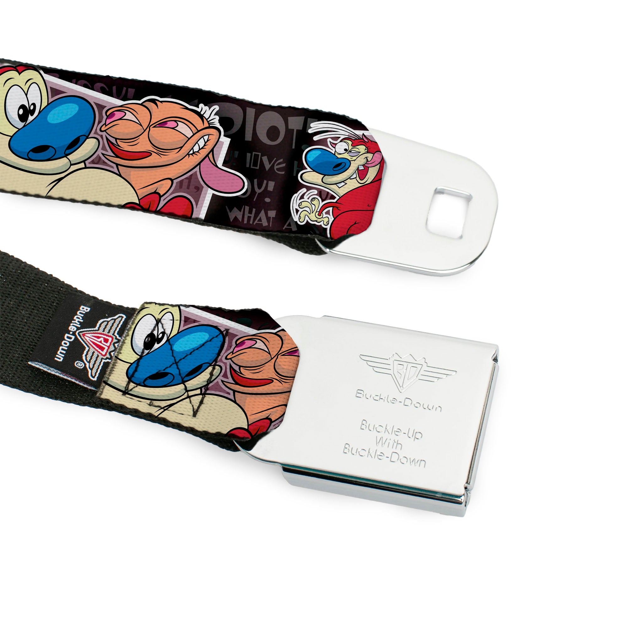 Ren & Stimpy Pose Full Color Black Seatbelt Belt - REN & STIMPY Poses Text Purples Webbing Seatbelt Belts Ren and Stimpy