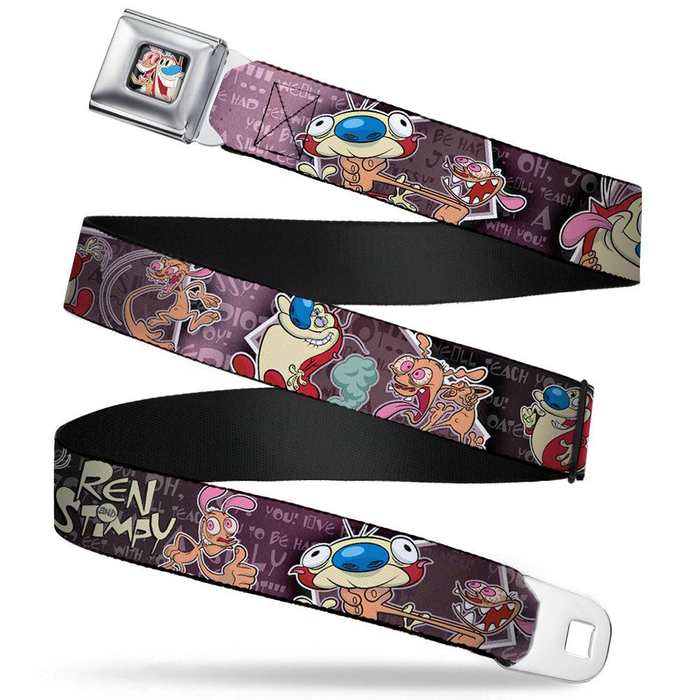 Ren & Stimpy Pose Full Color Black Seatbelt Belt - REN & STIMPY Poses Text Purples Webbing Seatbelt Belts Ren and Stimpy