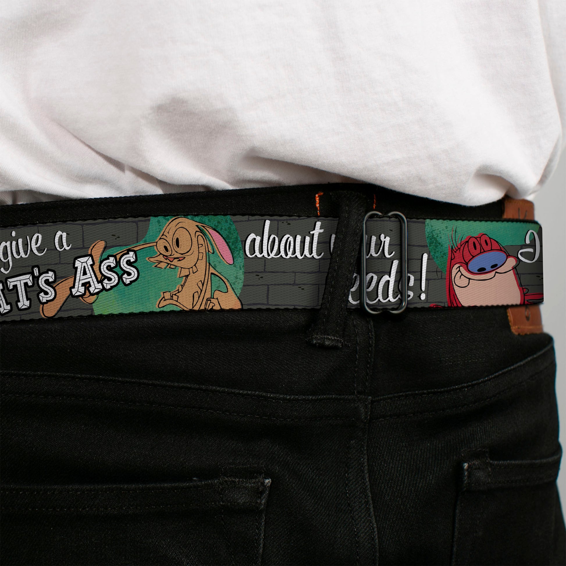 Ren & Stimpy Pose Full Color Black Seatbelt Belt - Ren & Stimpy Sketch I DON'T GIVE A RAT'S ASS ABOUT YOUR NEEDS! Webbing Seatbelt Belts Ren and Stimpy