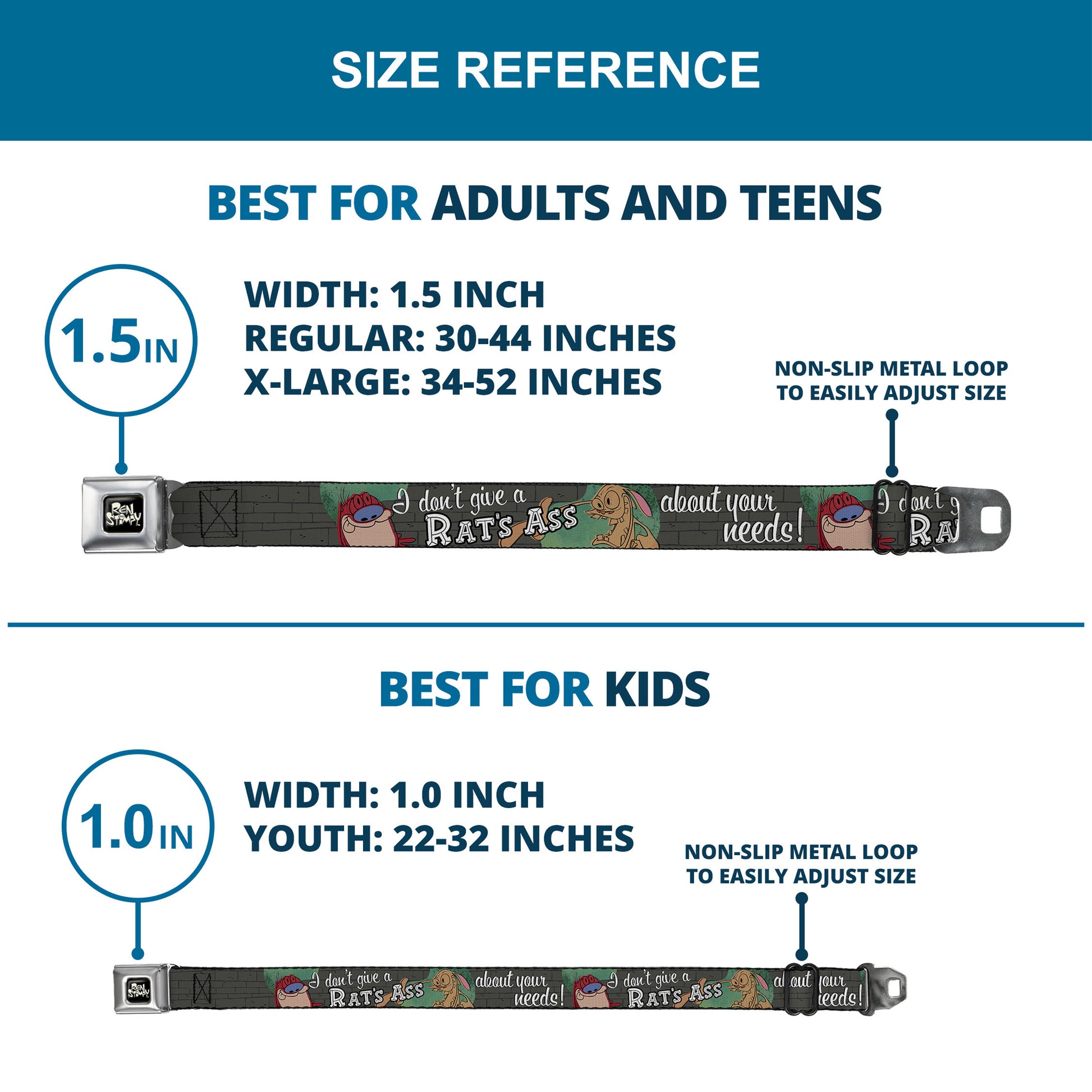 Ren & Stimpy Pose Full Color Black Seatbelt Belt - Ren & Stimpy Sketch I DON'T GIVE A RAT'S ASS ABOUT YOUR NEEDS! Webbing Seatbelt Belts Ren and Stimpy