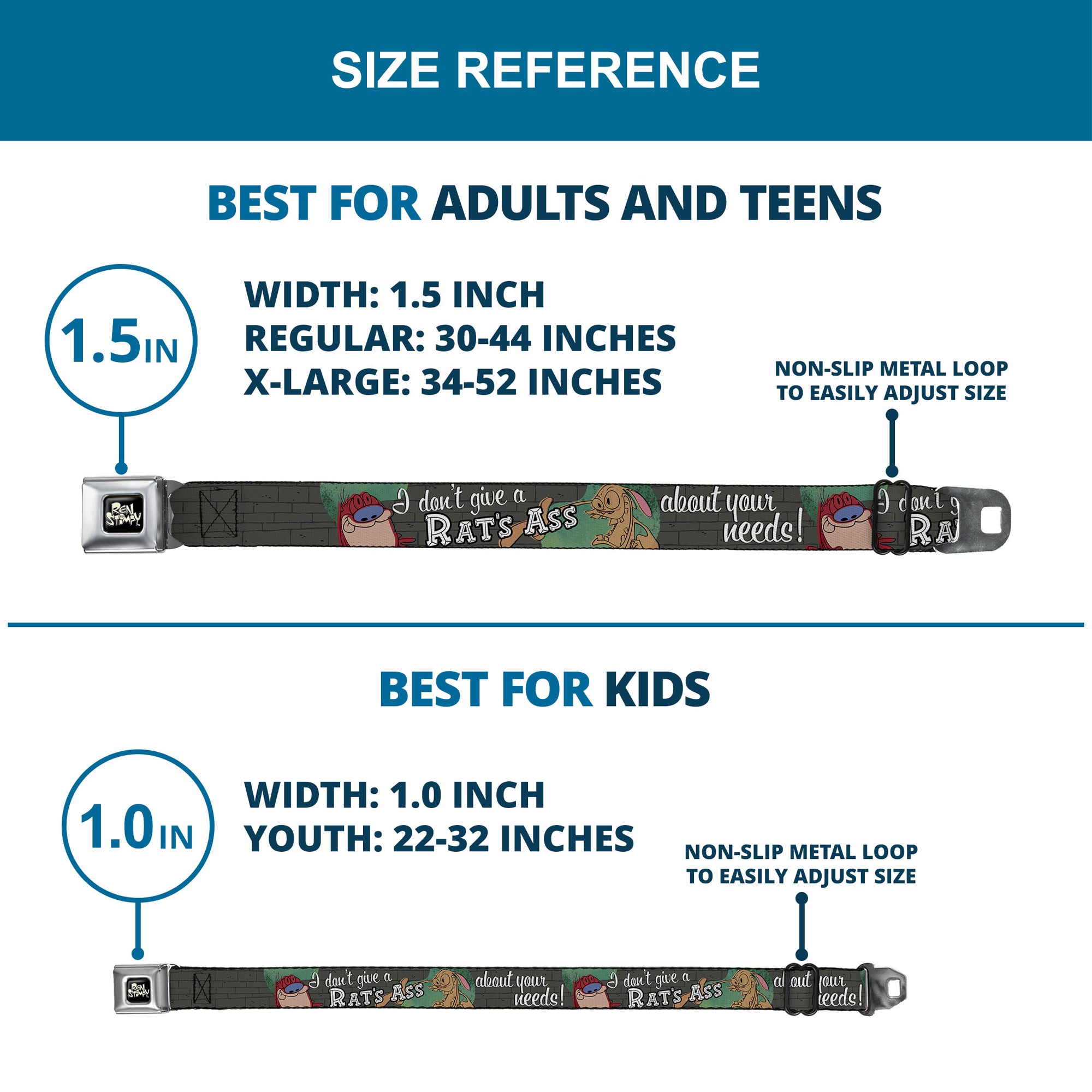 Ren & Stimpy Pose Full Color Black Seatbelt Belt - Ren & Stimpy Sketch I DON'T GIVE A RAT'S ASS ABOUT YOUR NEEDS! Webbing Seatbelt Belts Ren and Stimpy