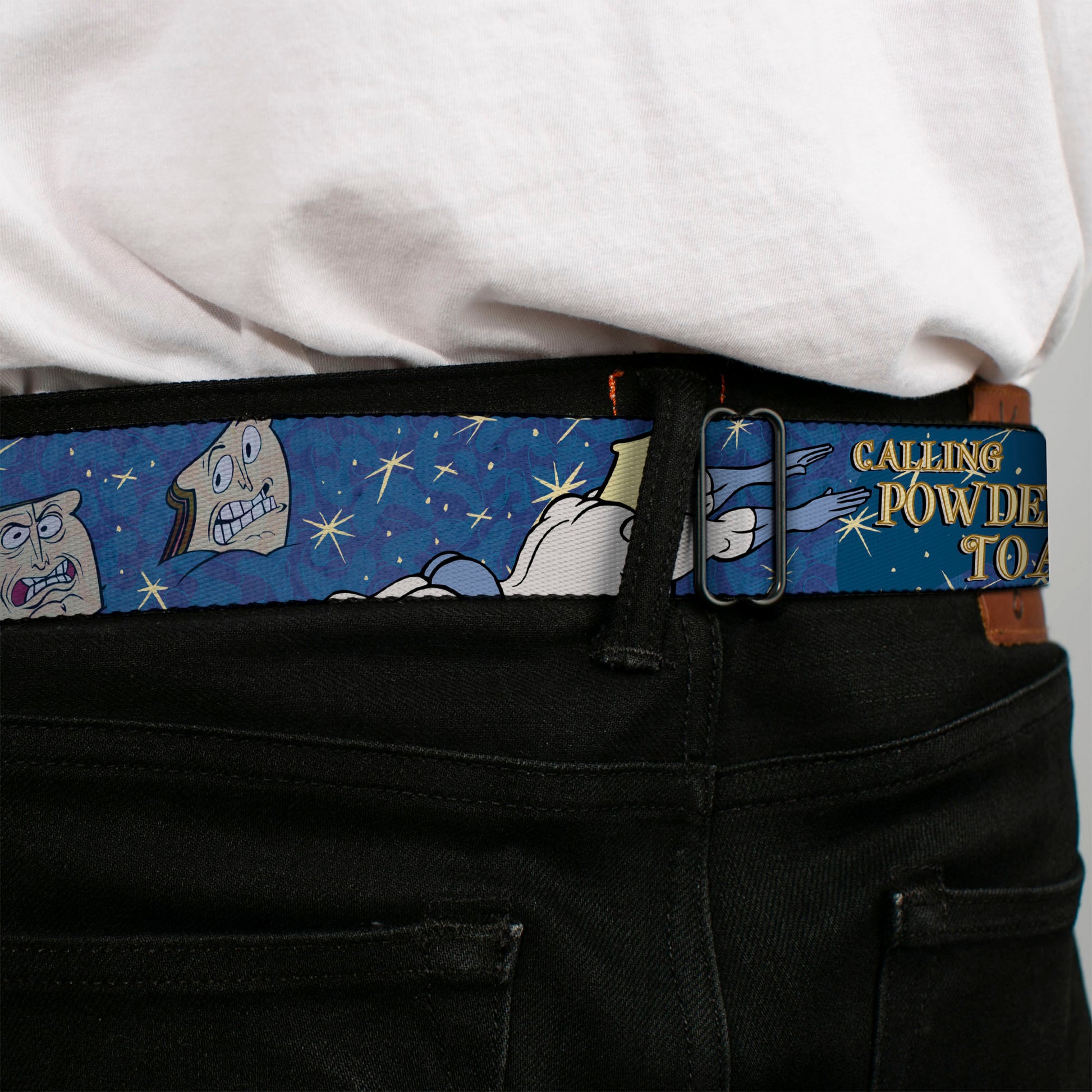 Ren & Stimpy Pose Full Color Black Seatbelt Belt - Powdered Toastman in Sky CALLING POWDERED TOASTMAN! Blue/Yellow Webbing Seatbelt Belts Ren and Stimpy