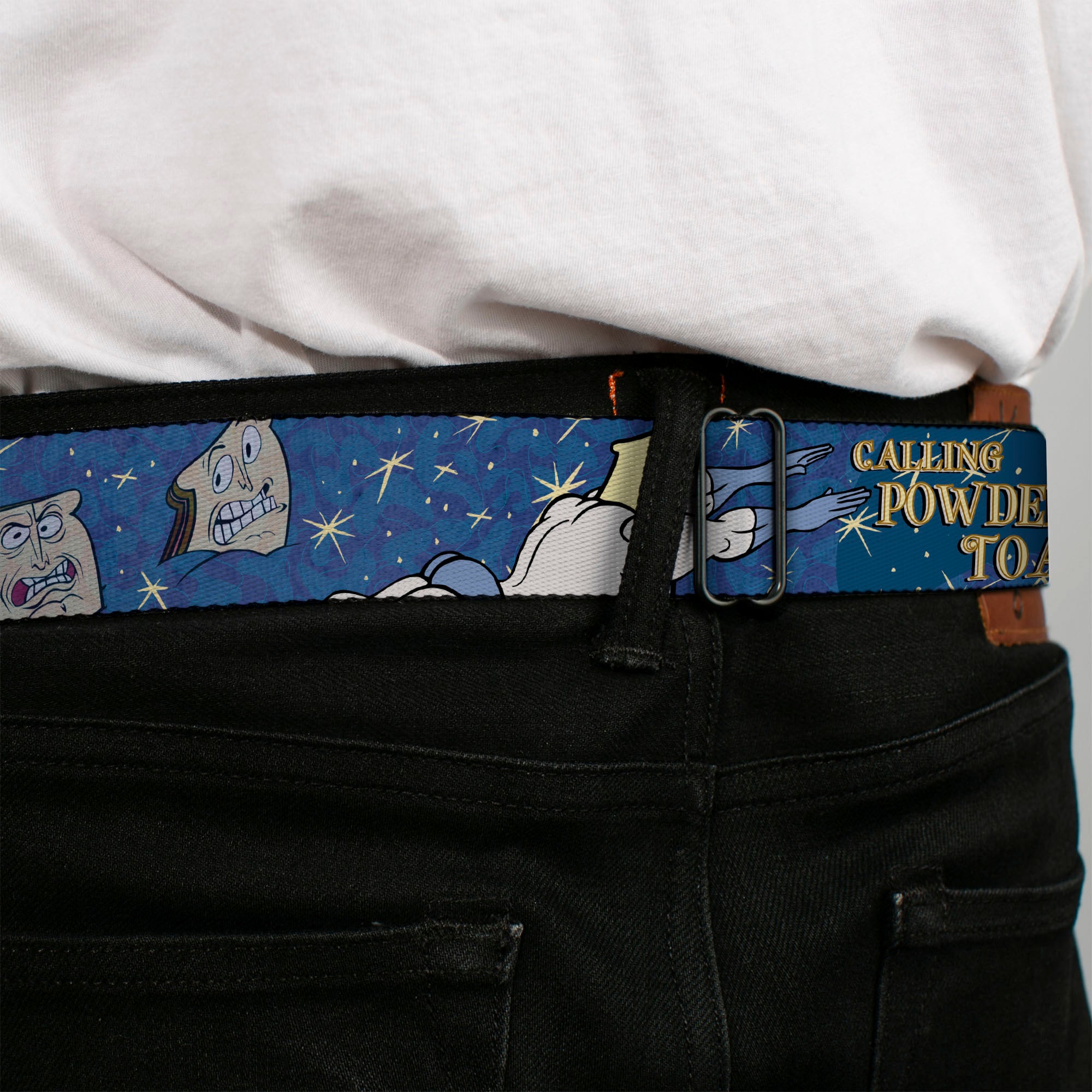 Ren & Stimpy Pose Full Color Black Seatbelt Belt - Powdered Toastman in Sky CALLING POWDERED TOASTMAN! Blue/Yellow Webbing Seatbelt Belts Ren and Stimpy