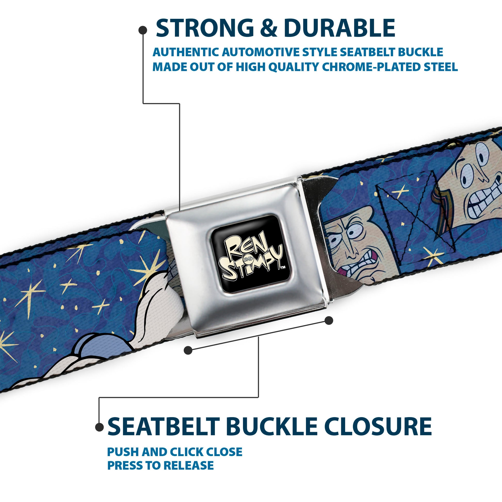 Ren & Stimpy Pose Full Color Black Seatbelt Belt - Powdered Toastman in Sky CALLING POWDERED TOASTMAN! Blue/Yellow Webbing Seatbelt Belts Ren and Stimpy