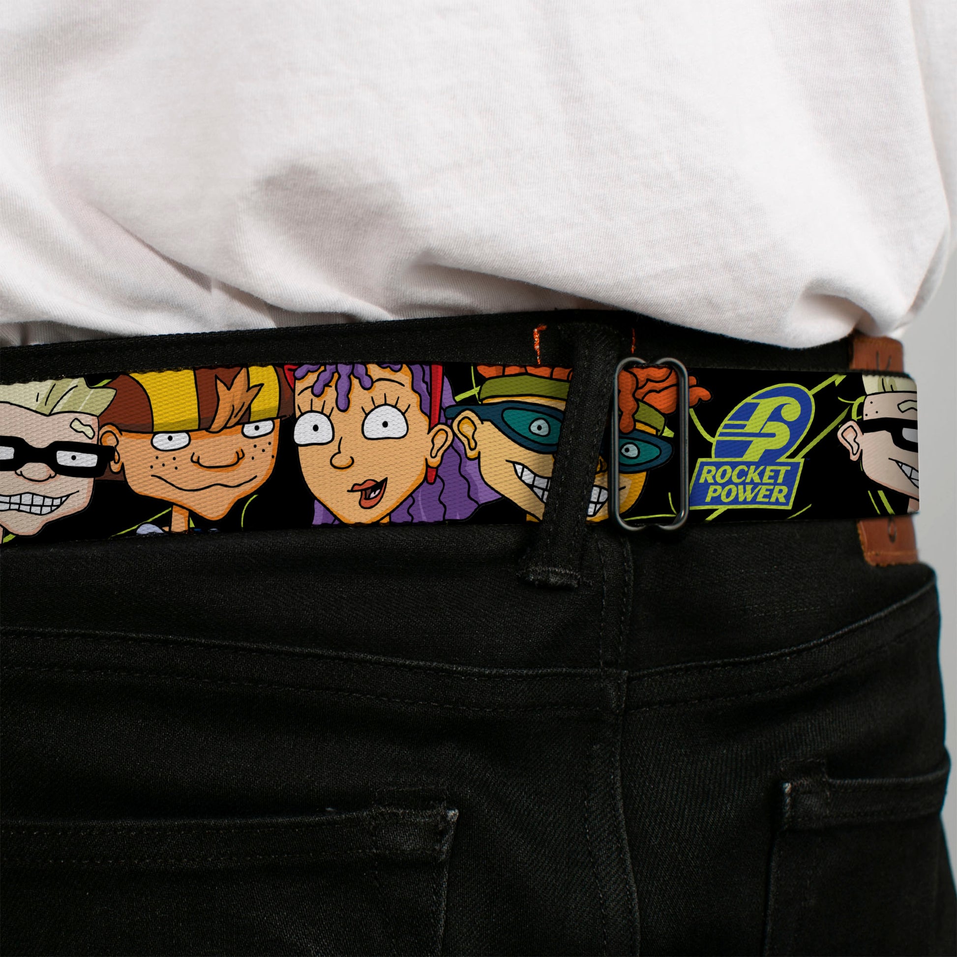ROCKET POWER RP Logo Full Color Black/Green/Blue Seatbelt Belt - ROCKET POWER RP Logo/4-Character Faces CLOSE-UP Black/Green/Blue Webbing Seatbelt Belts Rocket Power