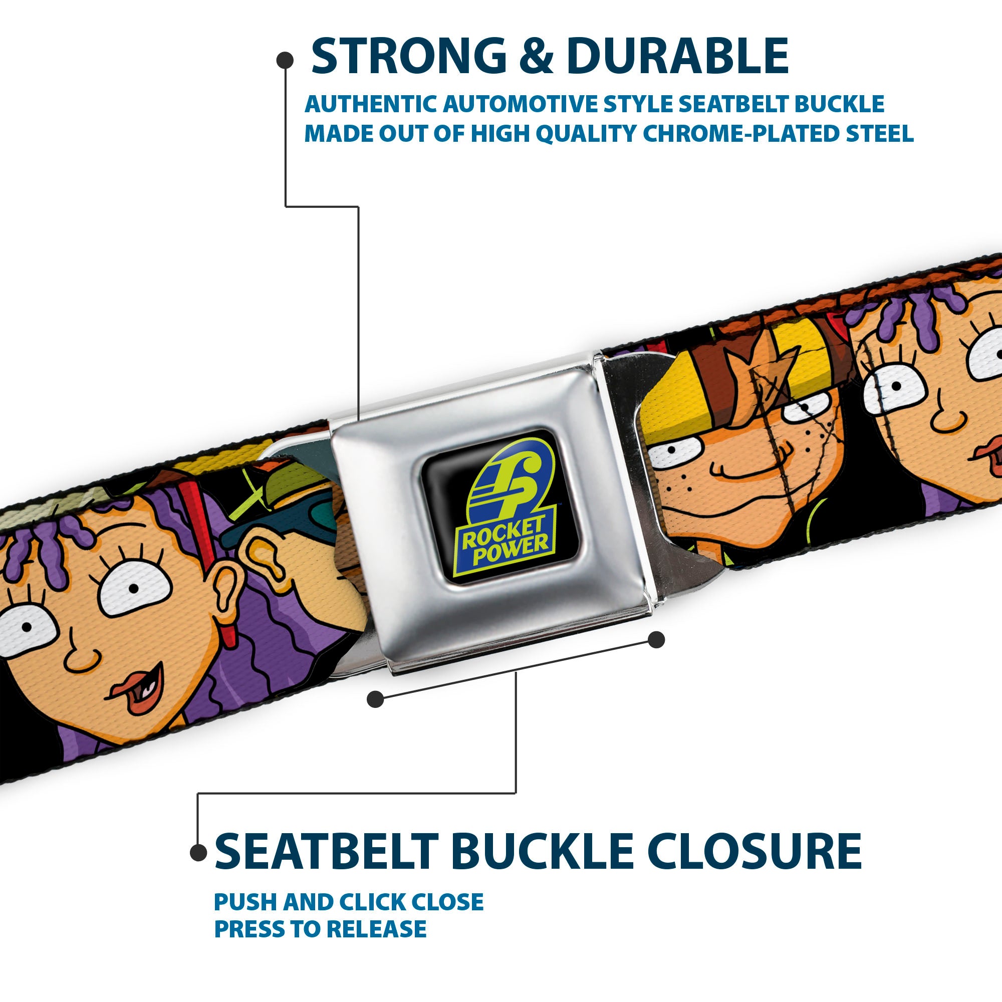 ROCKET POWER RP Logo Full Color Black/Green/Blue Seatbelt Belt - ROCKET POWER RP Logo/4-Character Faces CLOSE-UP Black/Green/Blue Webbing Seatbelt Belts Rocket Power