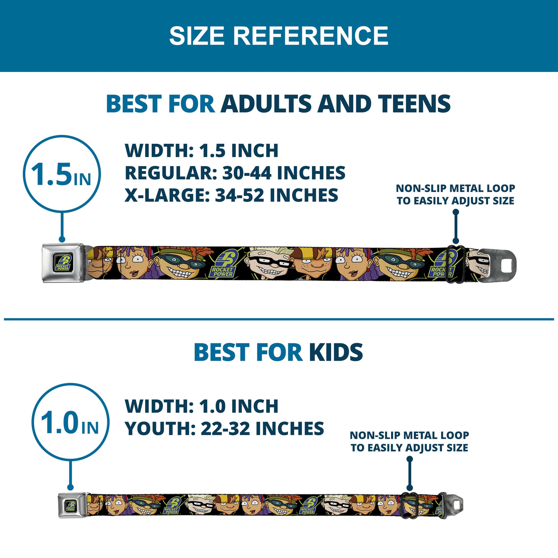 ROCKET POWER RP Logo Full Color Black/Green/Blue Seatbelt Belt - ROCKET POWER RP Logo/4-Character Faces CLOSE-UP Black/Green/Blue Webbing Seatbelt Belts Rocket Power