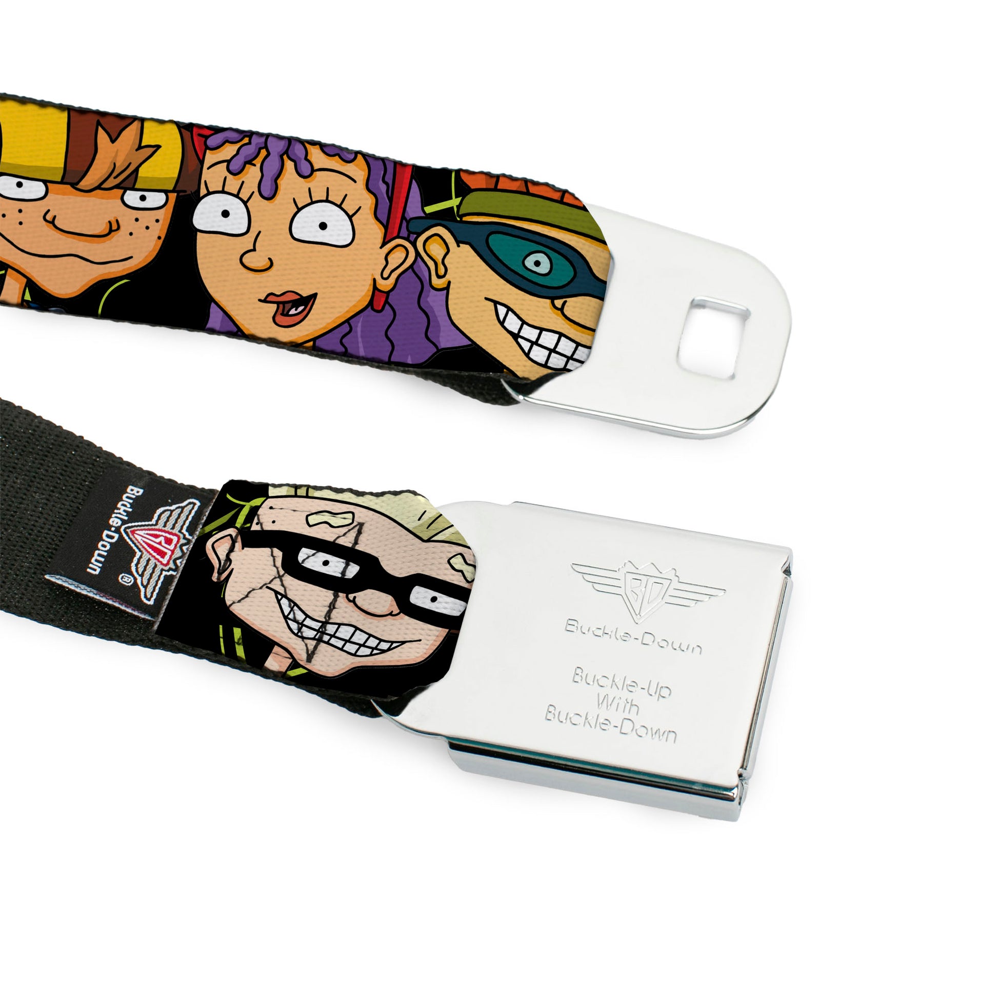 ROCKET POWER RP Logo Full Color Black/Green/Blue Seatbelt Belt - ROCKET POWER RP Logo/4-Character Faces CLOSE-UP Black/Green/Blue Webbing Seatbelt Belts Rocket Power