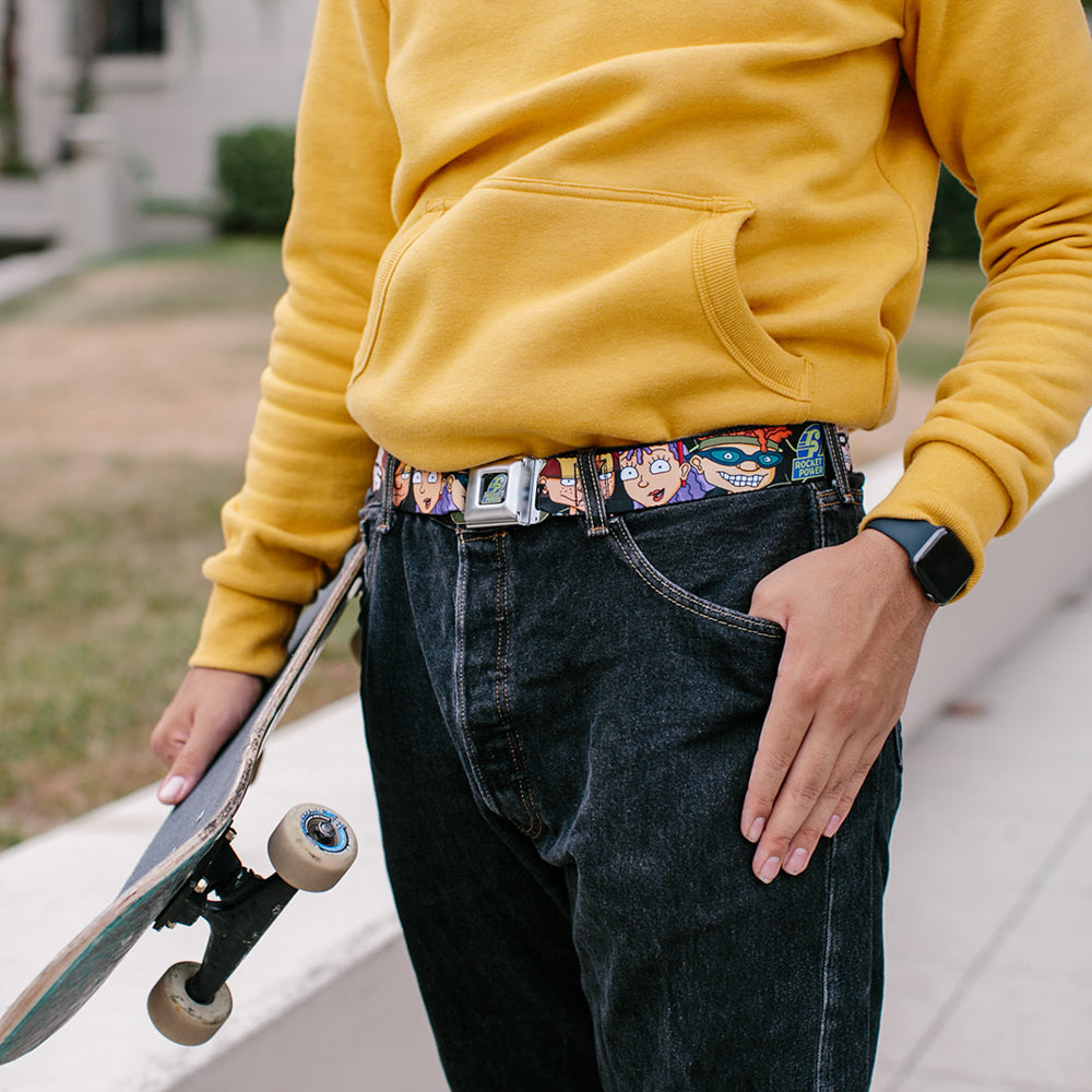 ROCKET POWER RP Logo Full Color Black/Green/Blue Seatbelt Belt - ROCKET POWER RP Logo/4-Character Faces CLOSE-UP Black/Green/Blue Webbing Seatbelt Belts Rocket Power