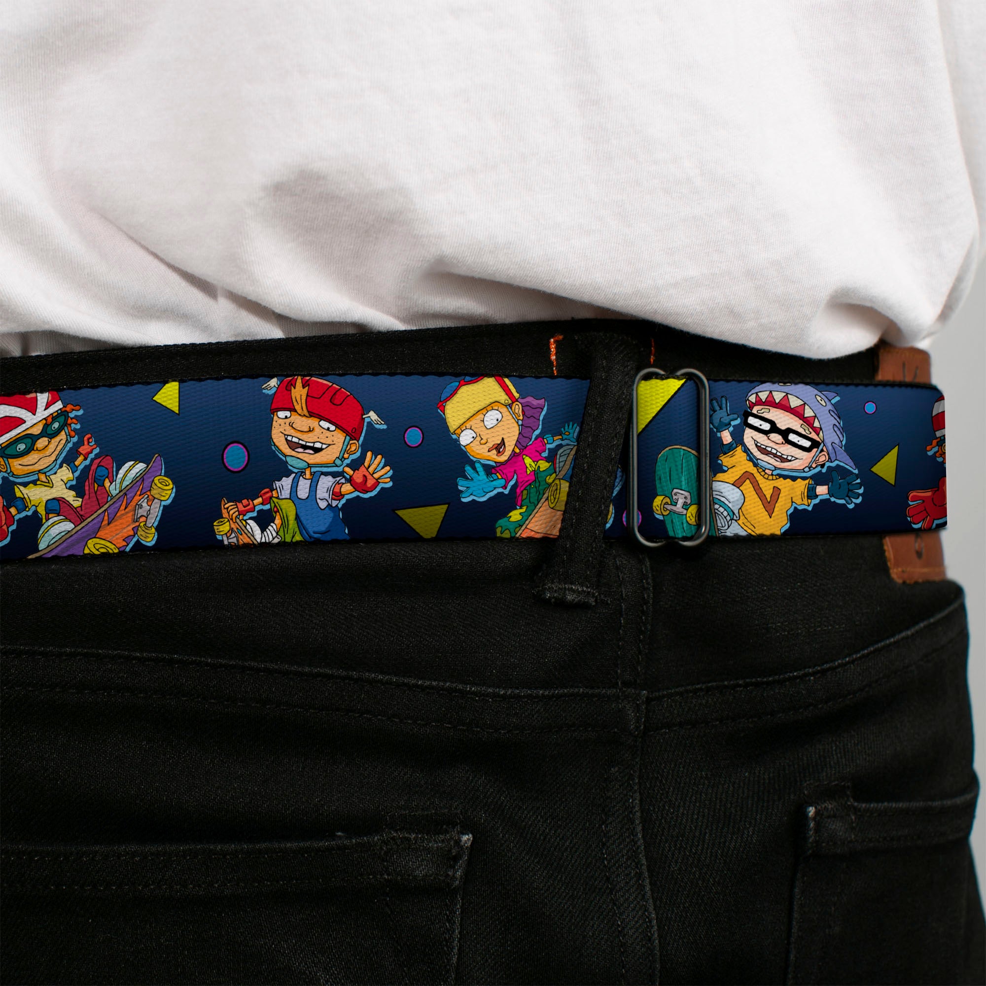 ROCKET POWER RP Logo Full Color Black/Green/Blue Seatbelt Belt - Rocket Power 4-Character Action Poses/Shapes Cool Gray/Multi Color Webbing Seatbelt Belts Rocket Power