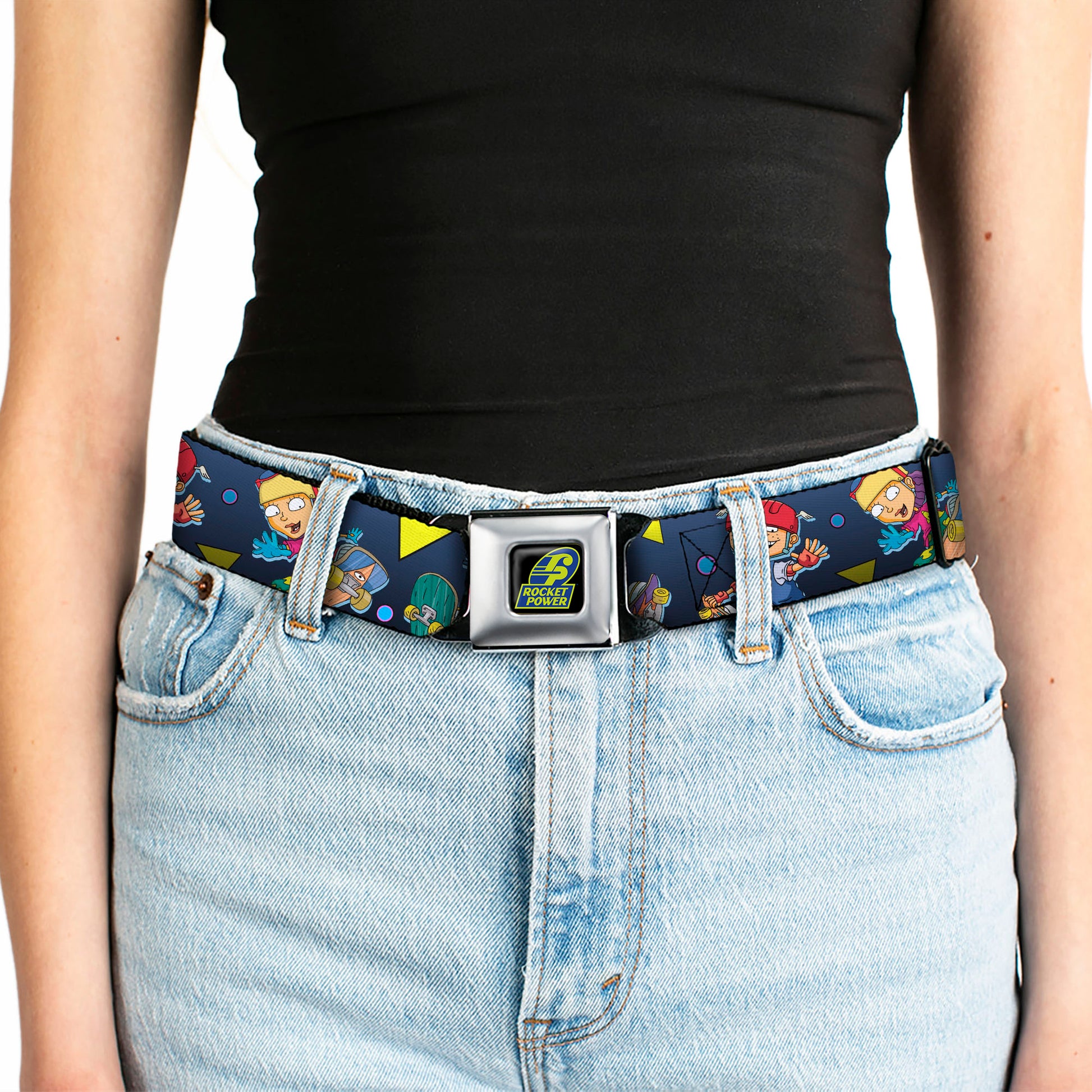 ROCKET POWER RP Logo Full Color Black/Green/Blue Seatbelt Belt - Rocket Power 4-Character Action Poses/Shapes Cool Gray/Multi Color Webbing Seatbelt Belts Rocket Power