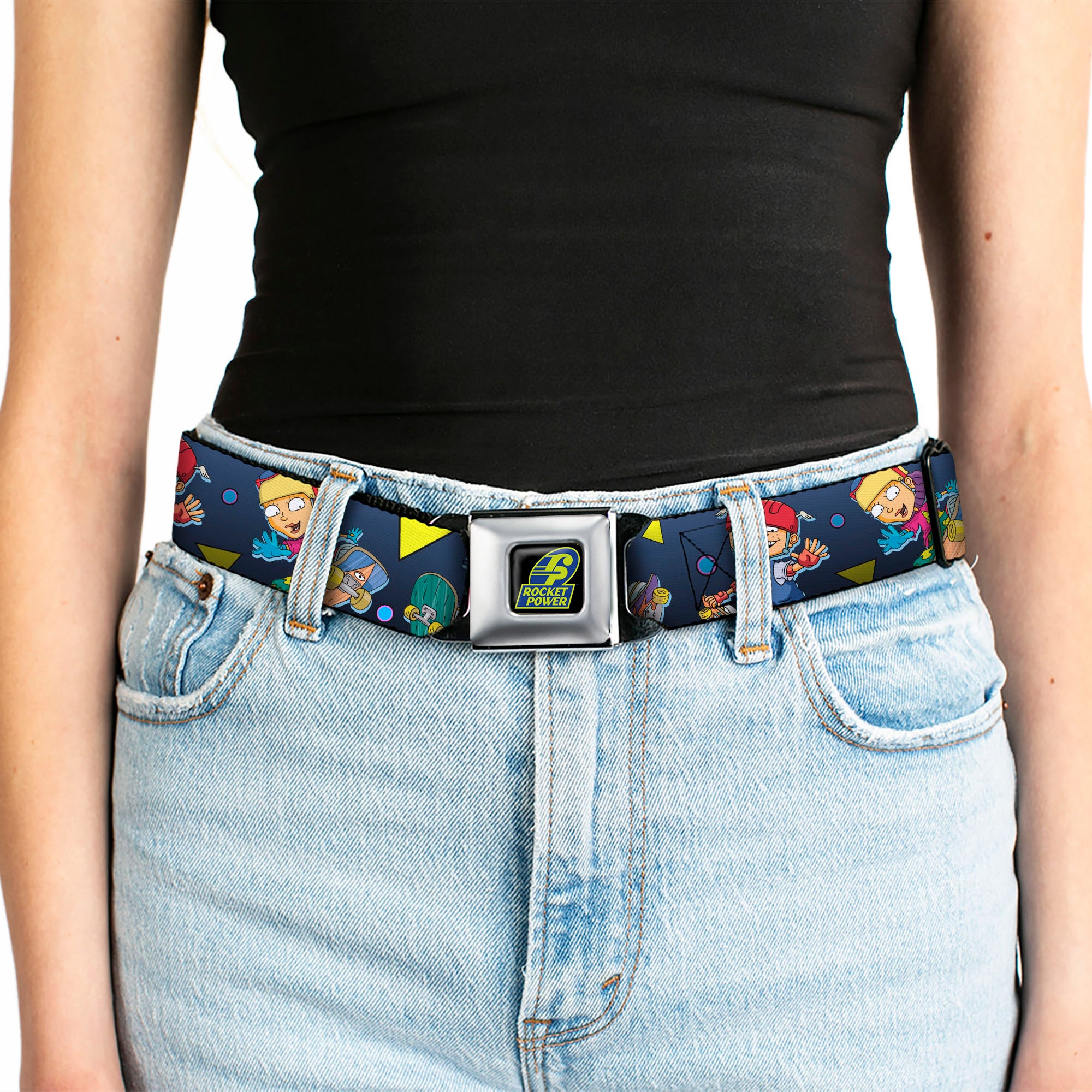 ROCKET POWER RP Logo Full Color Black/Green/Blue Seatbelt Belt - Rocket Power 4-Character Action Poses/Shapes Cool Gray/Multi Color Webbing Seatbelt Belts Rocket Power