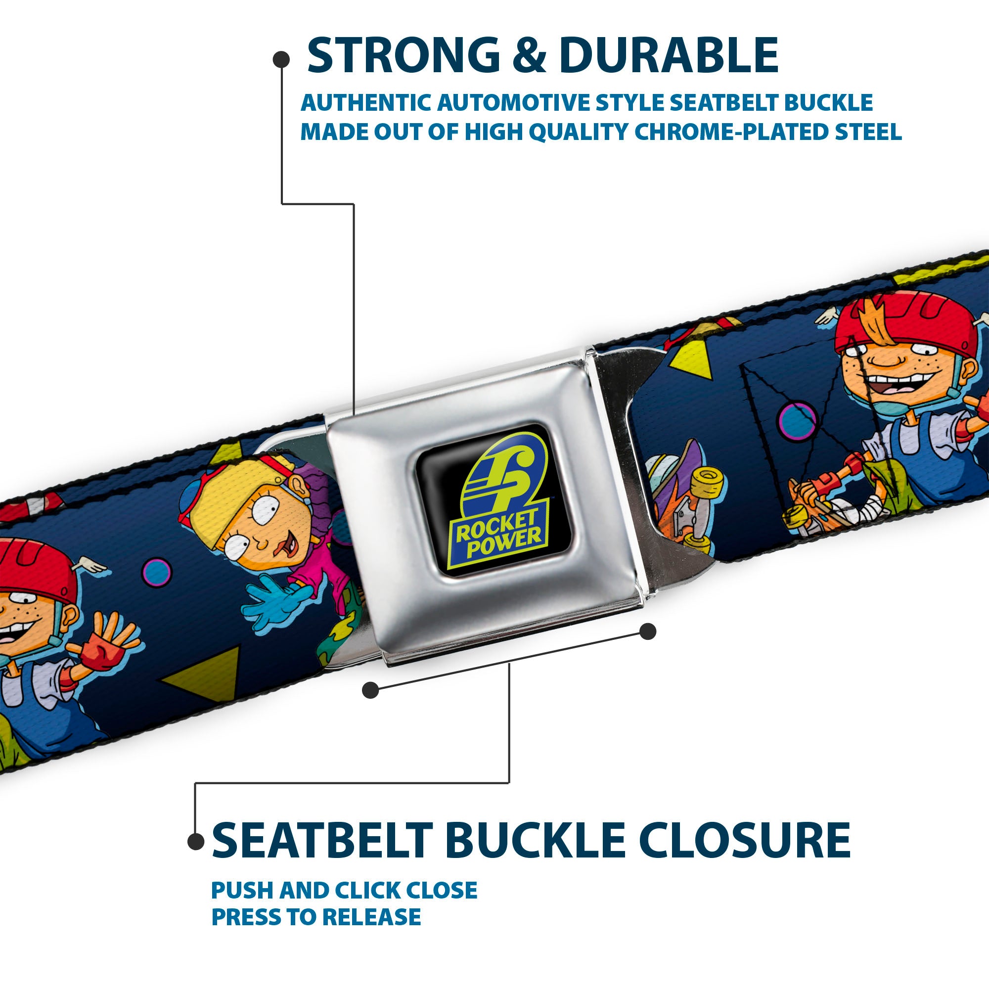ROCKET POWER RP Logo Full Color Black/Green/Blue Seatbelt Belt - Rocket Power 4-Character Action Poses/Shapes Cool Gray/Multi Color Webbing Seatbelt Belts Rocket Power