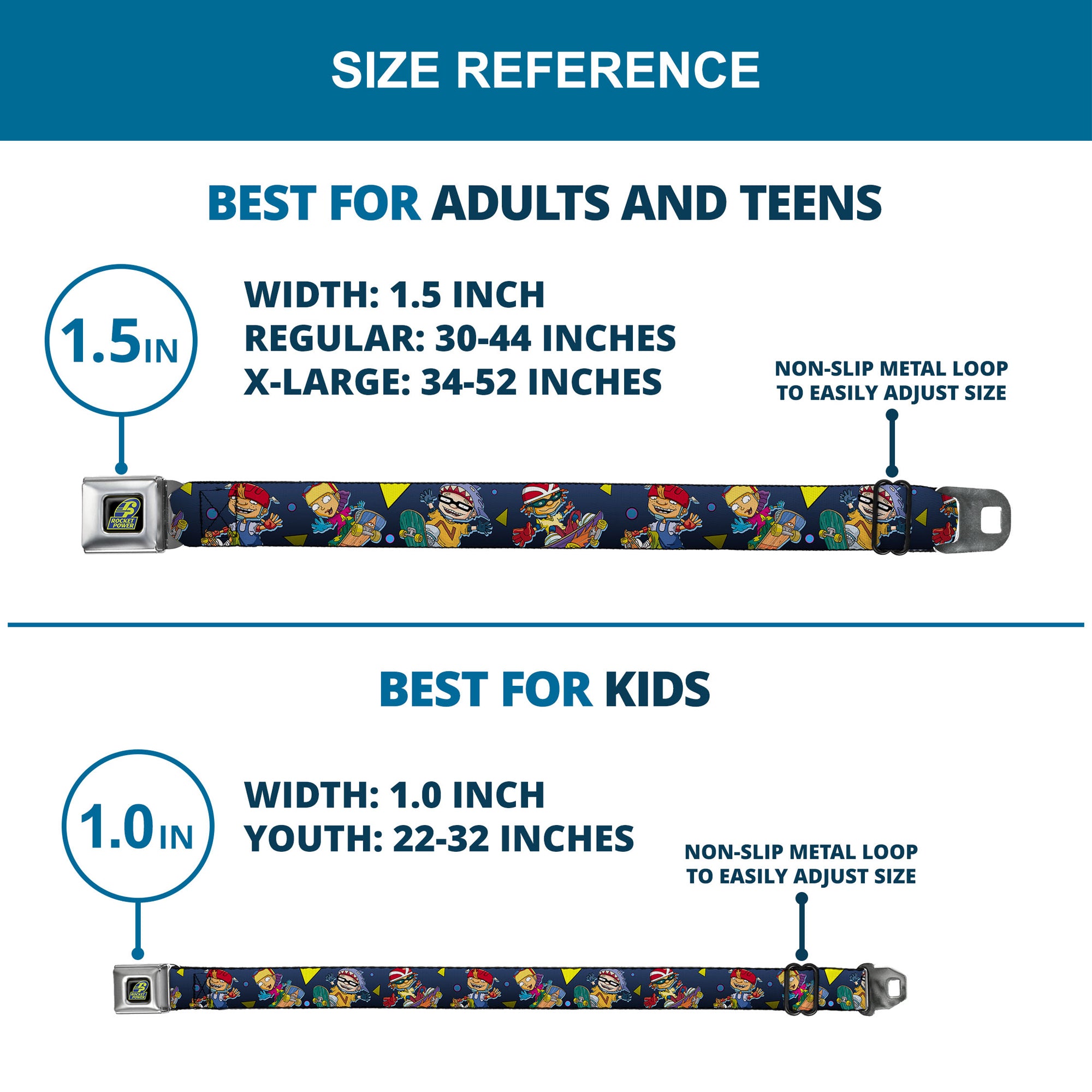 ROCKET POWER RP Logo Full Color Black/Green/Blue Seatbelt Belt - Rocket Power 4-Character Action Poses/Shapes Cool Gray/Multi Color Webbing Seatbelt Belts Rocket Power