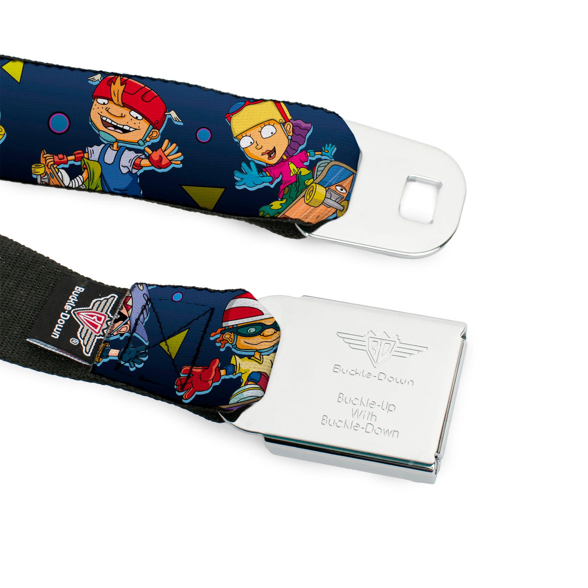 ROCKET POWER RP Logo Full Color Black/Green/Blue Seatbelt Belt - Rocket Power 4-Character Action Poses/Shapes Cool Gray/Multi Color Webbing Seatbelt Belts Rocket Power