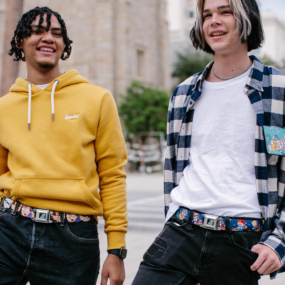 ROCKET POWER RP Logo Full Color Black/Green/Blue Seatbelt Belt - Rocket Power 4-Character Action Poses/Shapes Cool Gray/Multi Color Webbing Seatbelt Belts Rocket Power