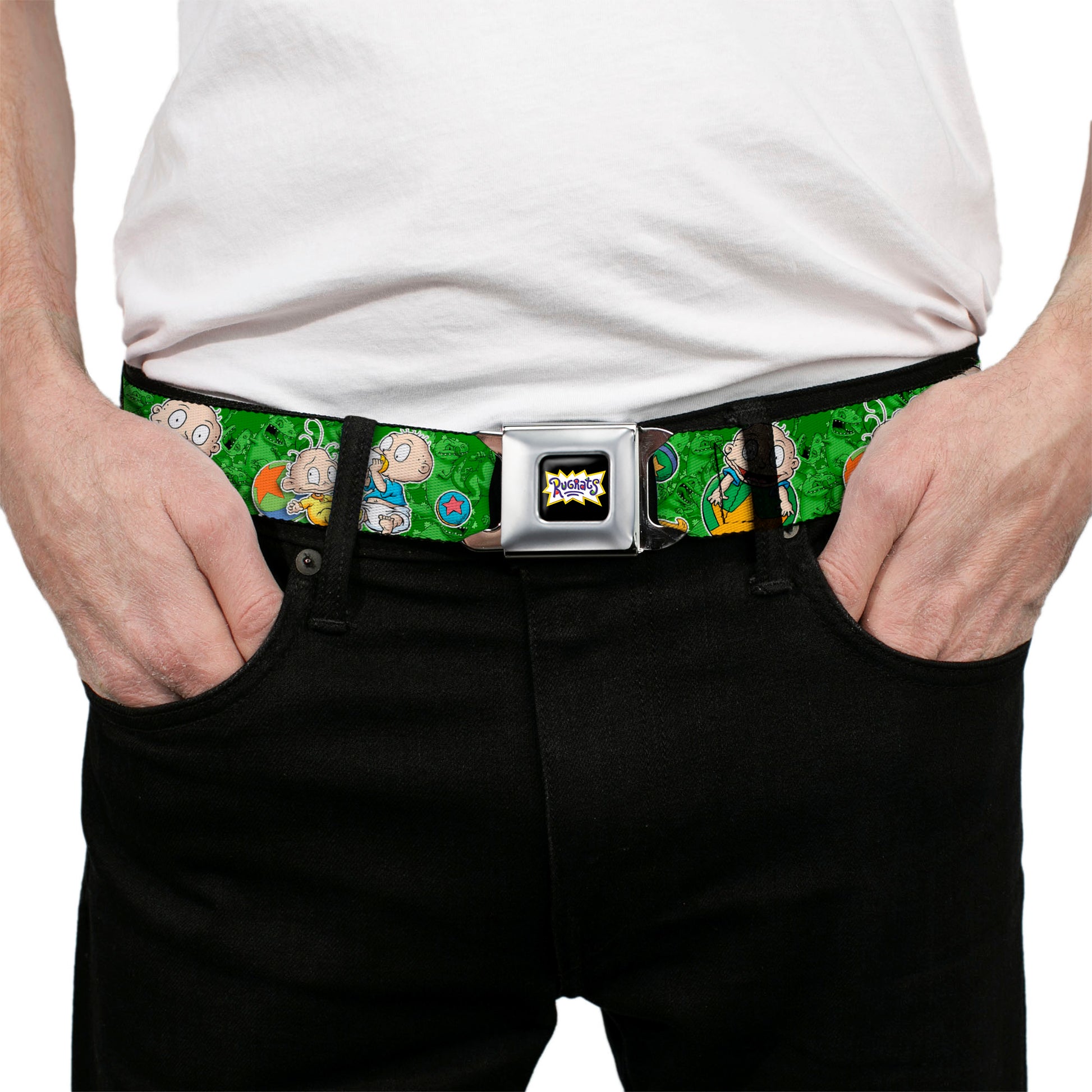 RUGRATS Logo Full Color Seatbelt Belt - RUGRATS Tommy & Dill Poses Greens Webbing Seatbelt Belts Rugrats