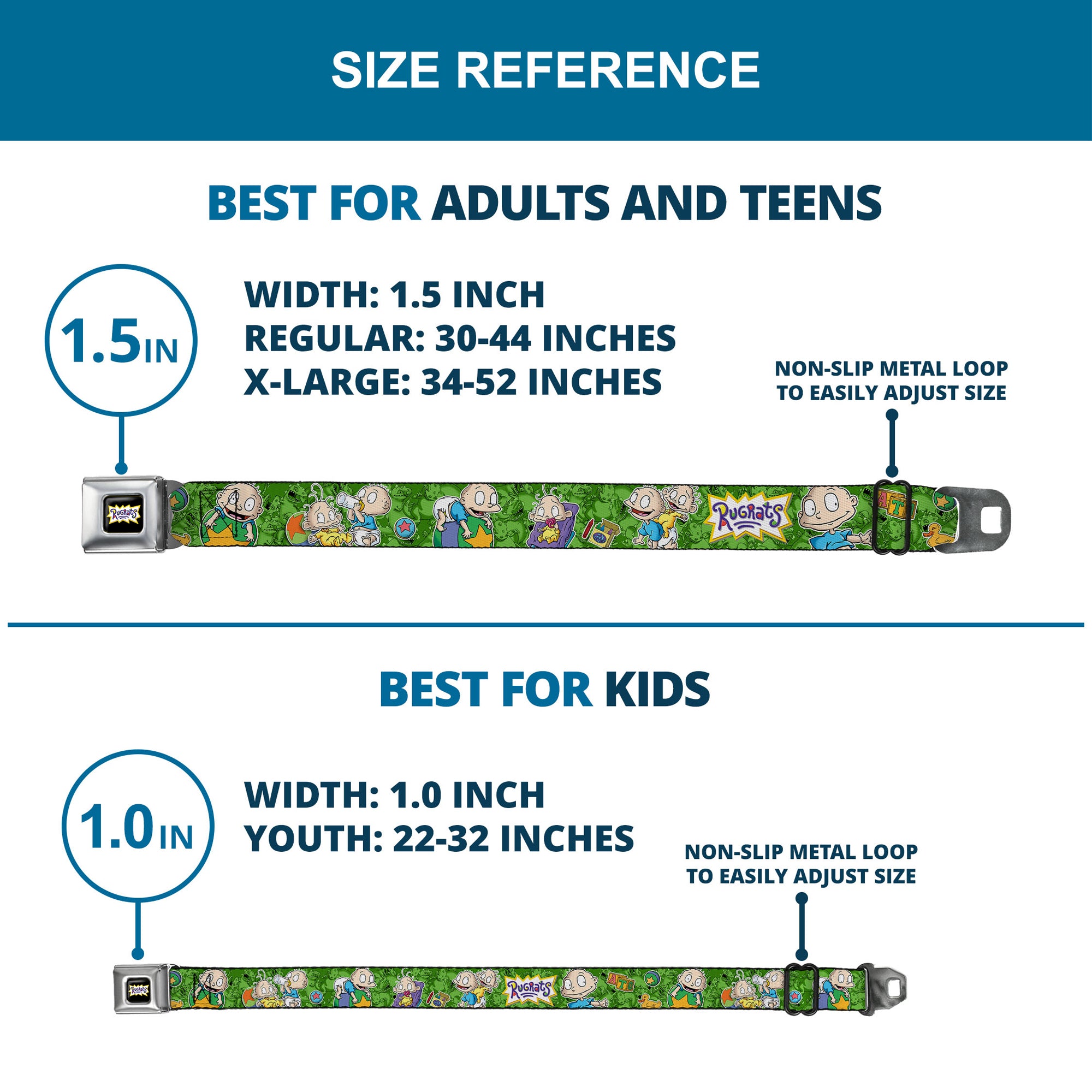 RUGRATS Logo Full Color Seatbelt Belt - RUGRATS Tommy & Dill Poses Greens Webbing Seatbelt Belts Rugrats