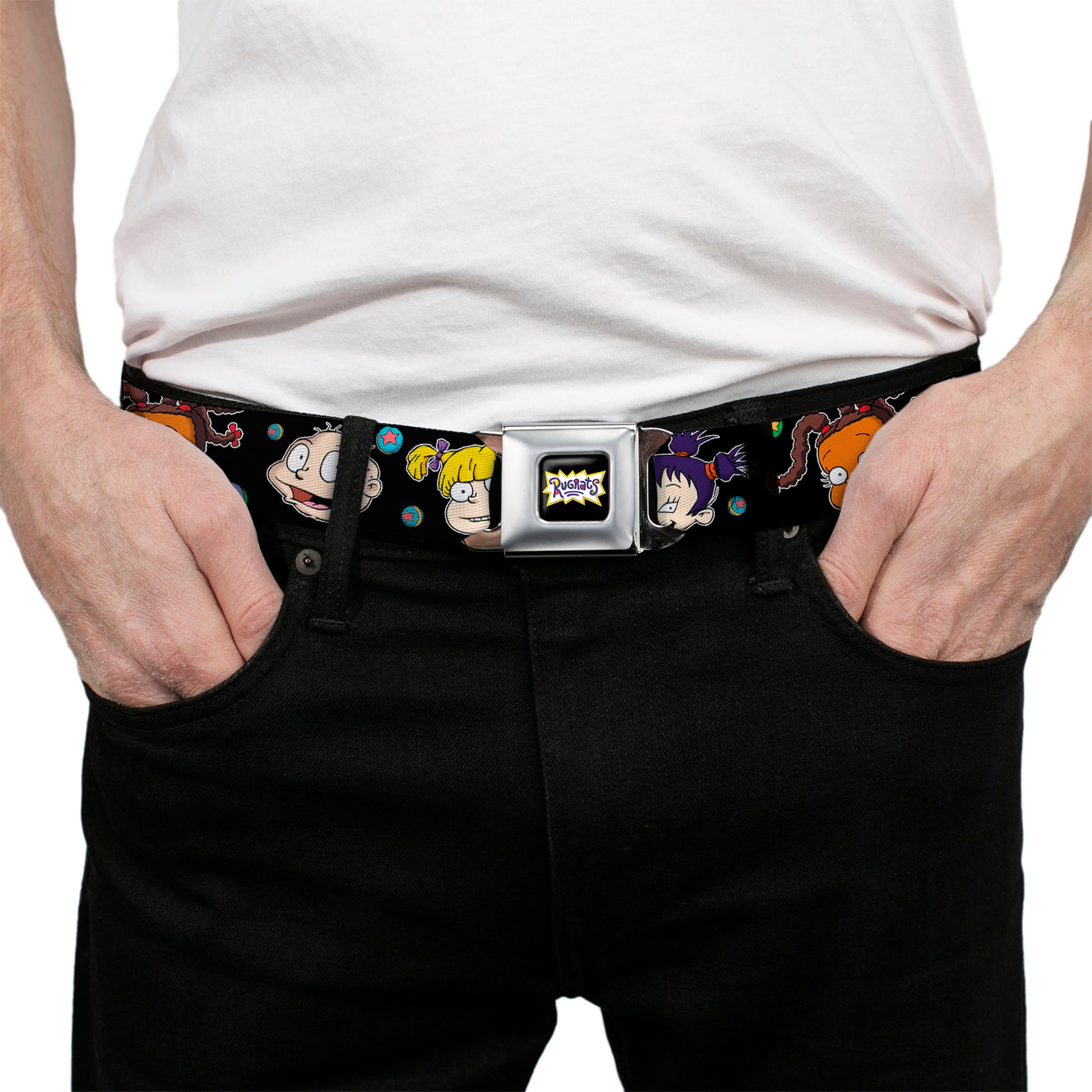 RUGRATS Logo Full Color Seatbelt Belt - Rugrats Character Expressions Black Webbing Seatbelt Belts Rugrats