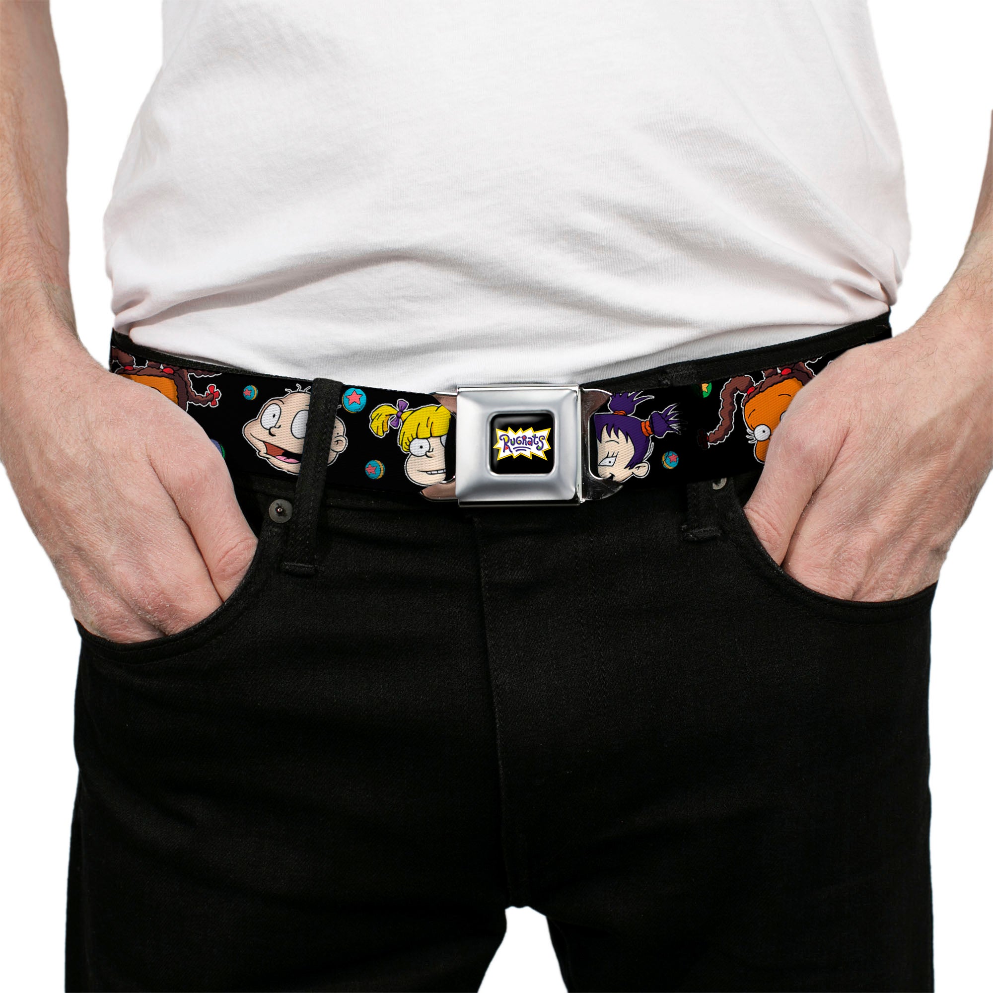 RUGRATS Logo Full Color Seatbelt Belt - Rugrats Character Expressions Black Webbing Seatbelt Belts Rugrats