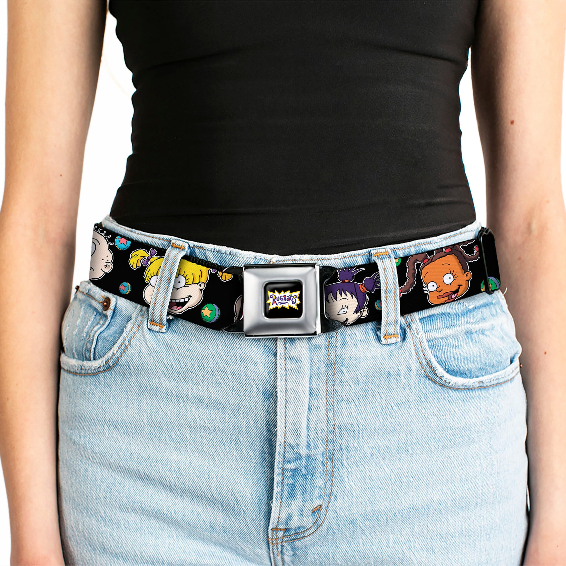 RUGRATS Logo Full Color Seatbelt Belt - Rugrats Character Expressions Black Webbing Seatbelt Belts Rugrats