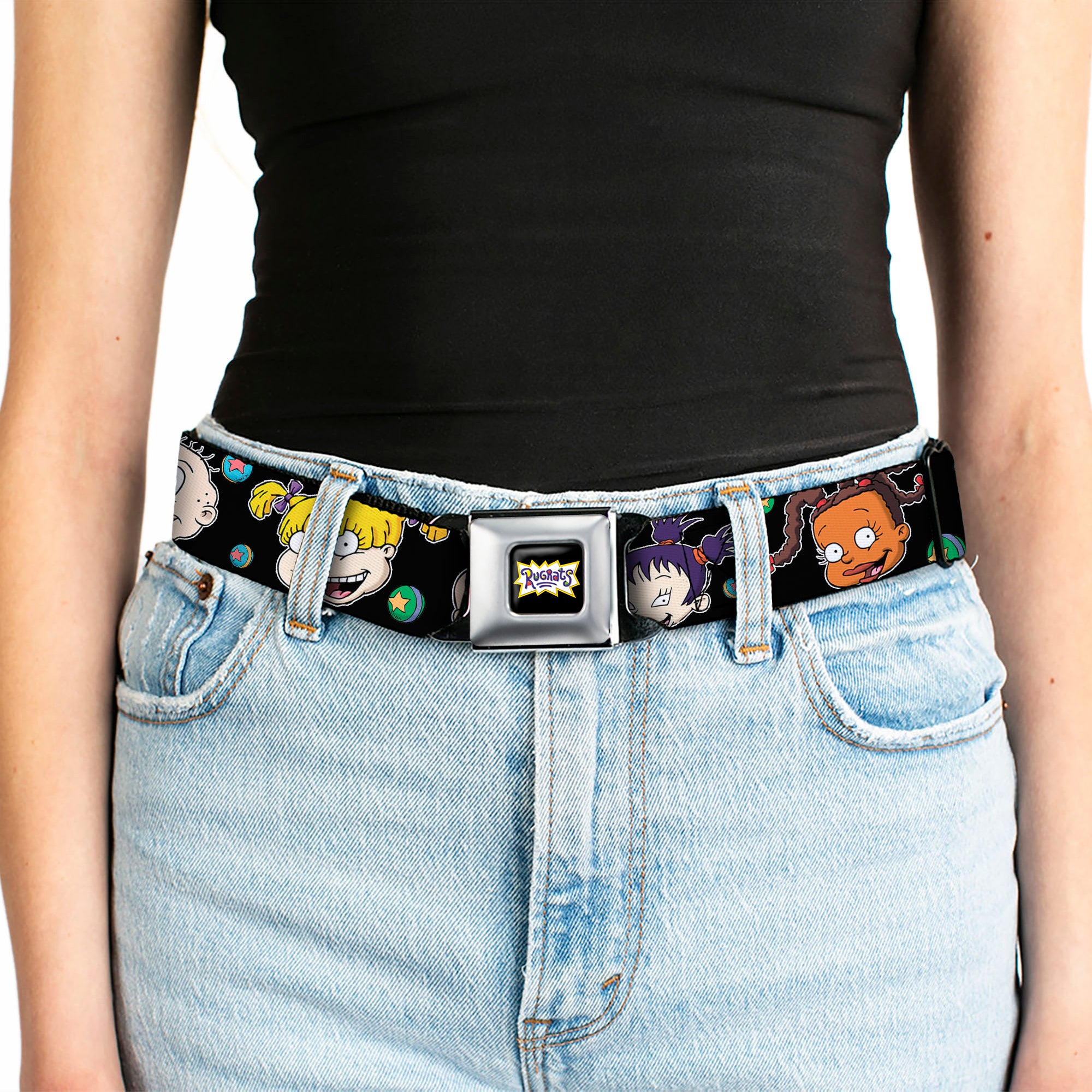 RUGRATS Logo Full Color Seatbelt Belt - Rugrats Character Expressions Black Webbing Seatbelt Belts Rugrats