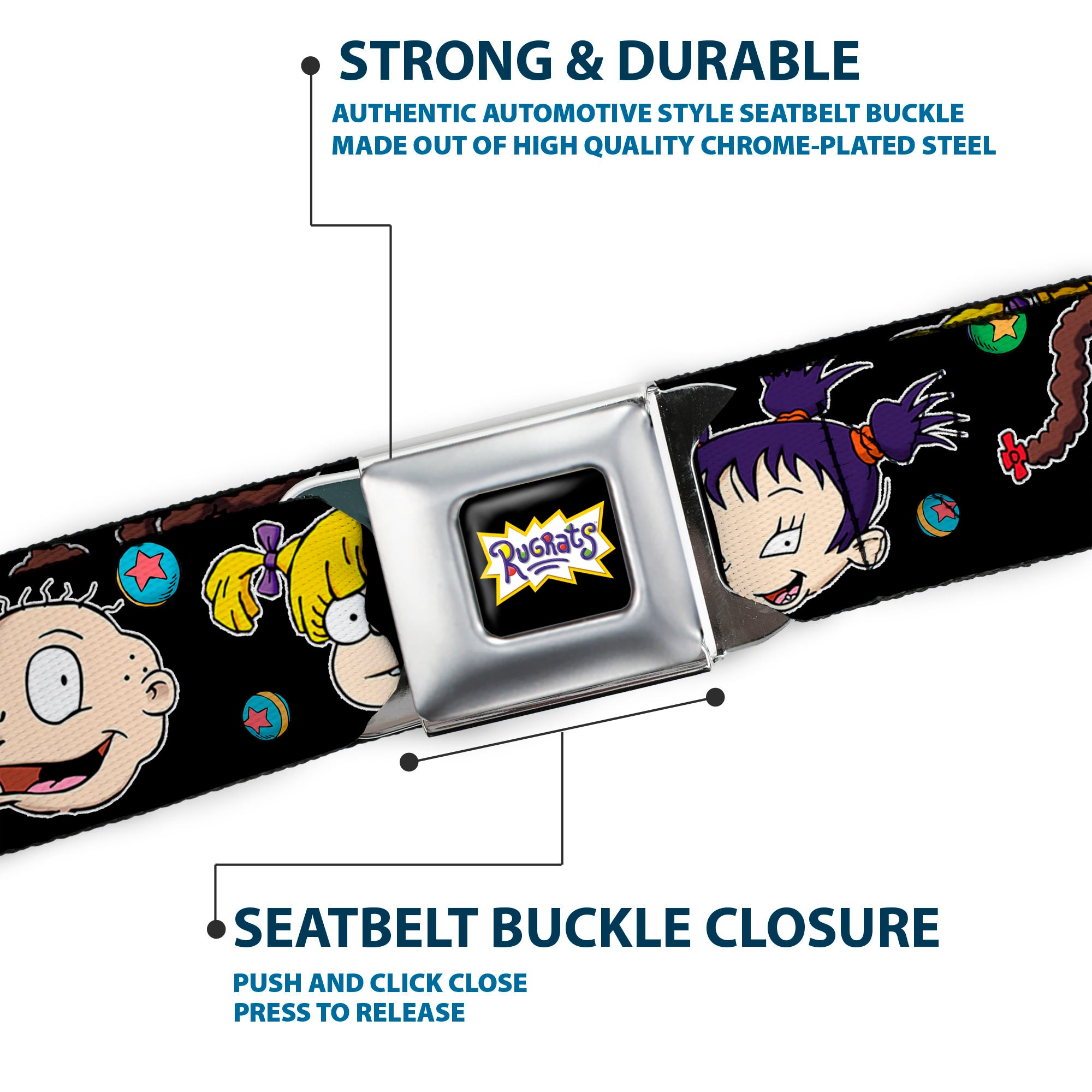 RUGRATS Logo Full Color Seatbelt Belt - Rugrats Character Expressions Black Webbing Seatbelt Belts Rugrats
