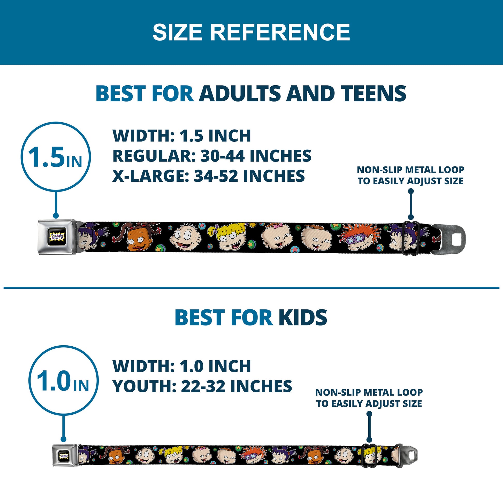 RUGRATS Logo Full Color Seatbelt Belt - Rugrats Character Expressions Black Webbing Seatbelt Belts Rugrats