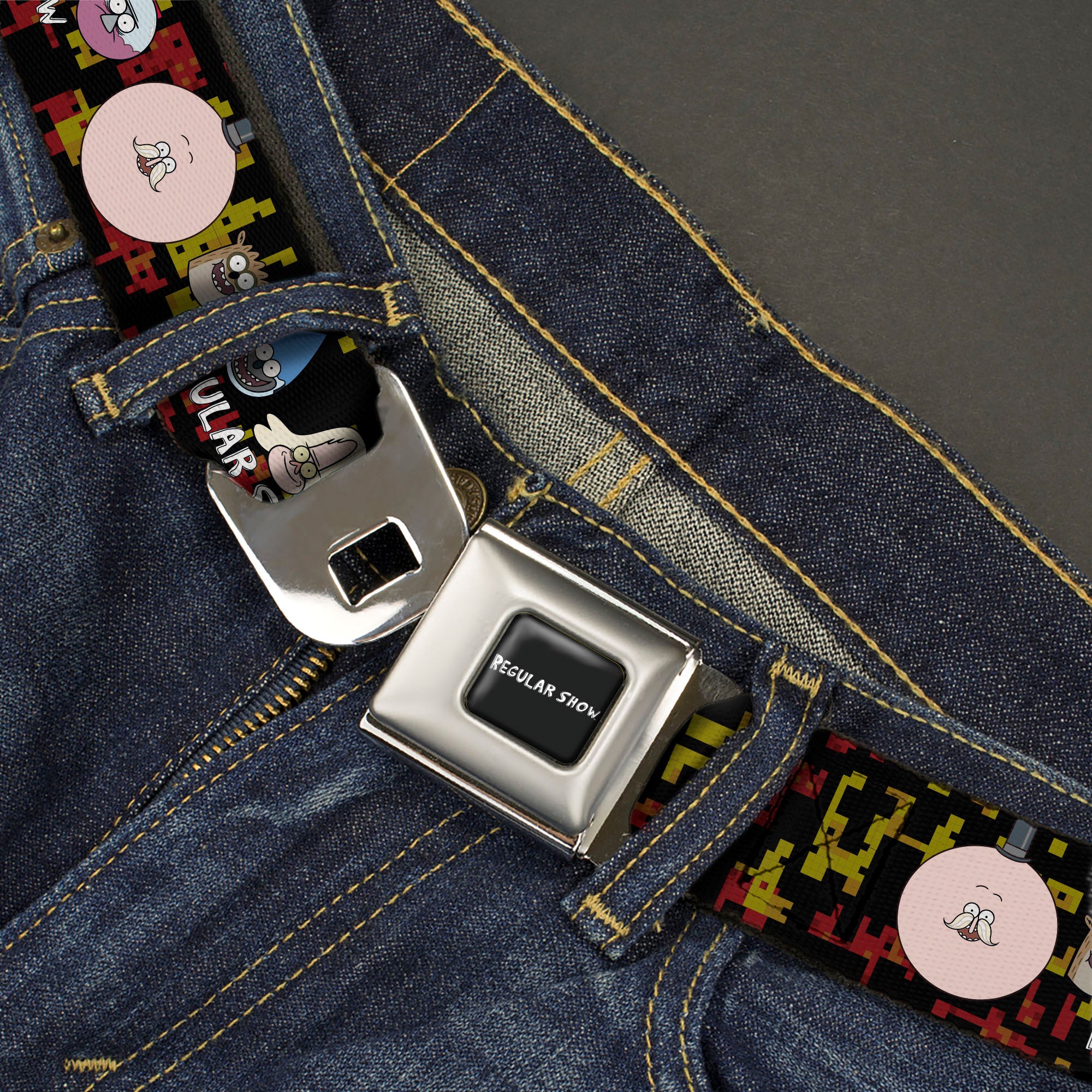 REGULAR SHOW Title Logo Full Color Black Seatbelt Belt - REGULAR SHOW Five Character Faces Black/Red/Yellow Webbing Seatbelt Belts Regular Show