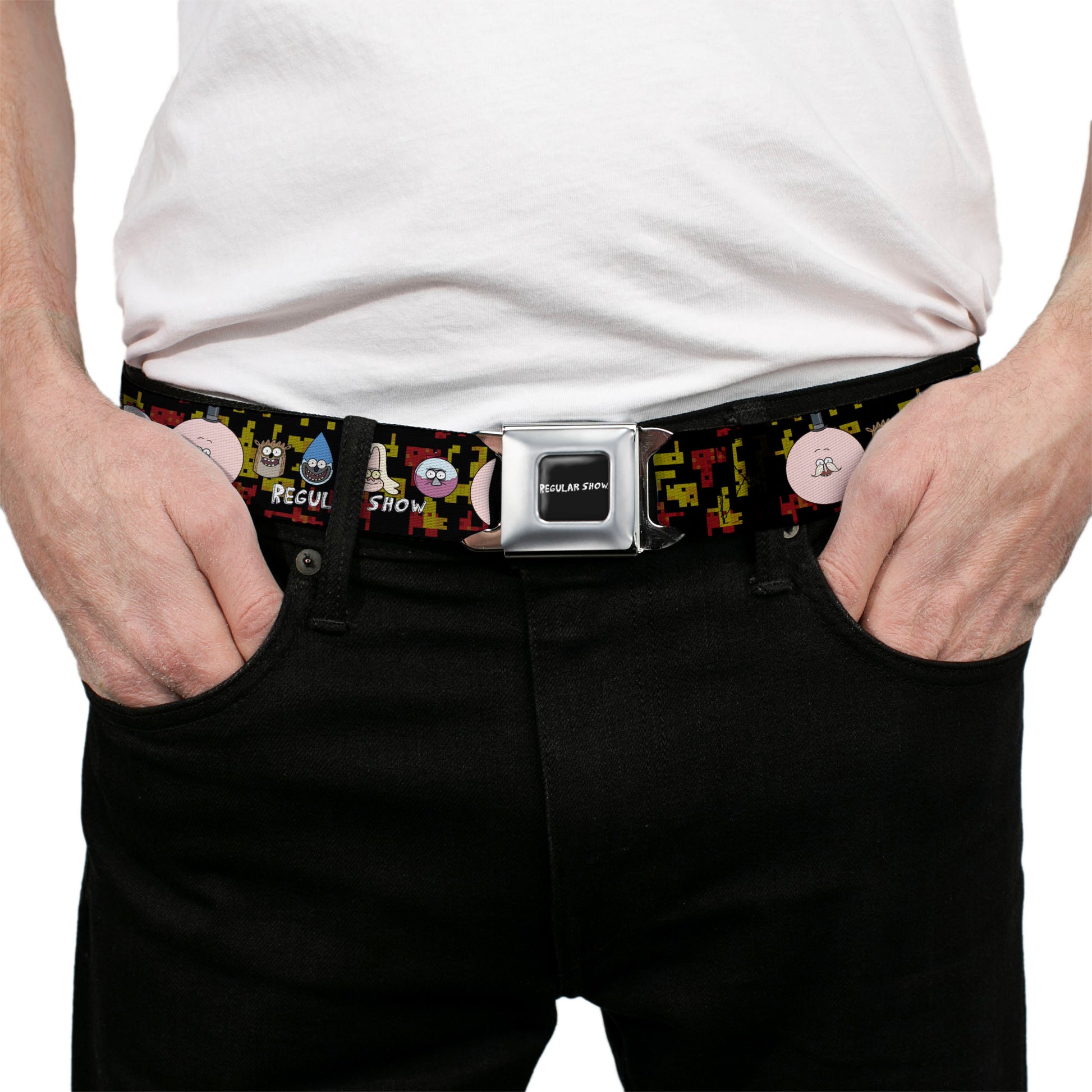 REGULAR SHOW Title Logo Full Color Black Seatbelt Belt - REGULAR SHOW Five Character Faces Black/Red/Yellow Webbing Seatbelt Belts Regular Show