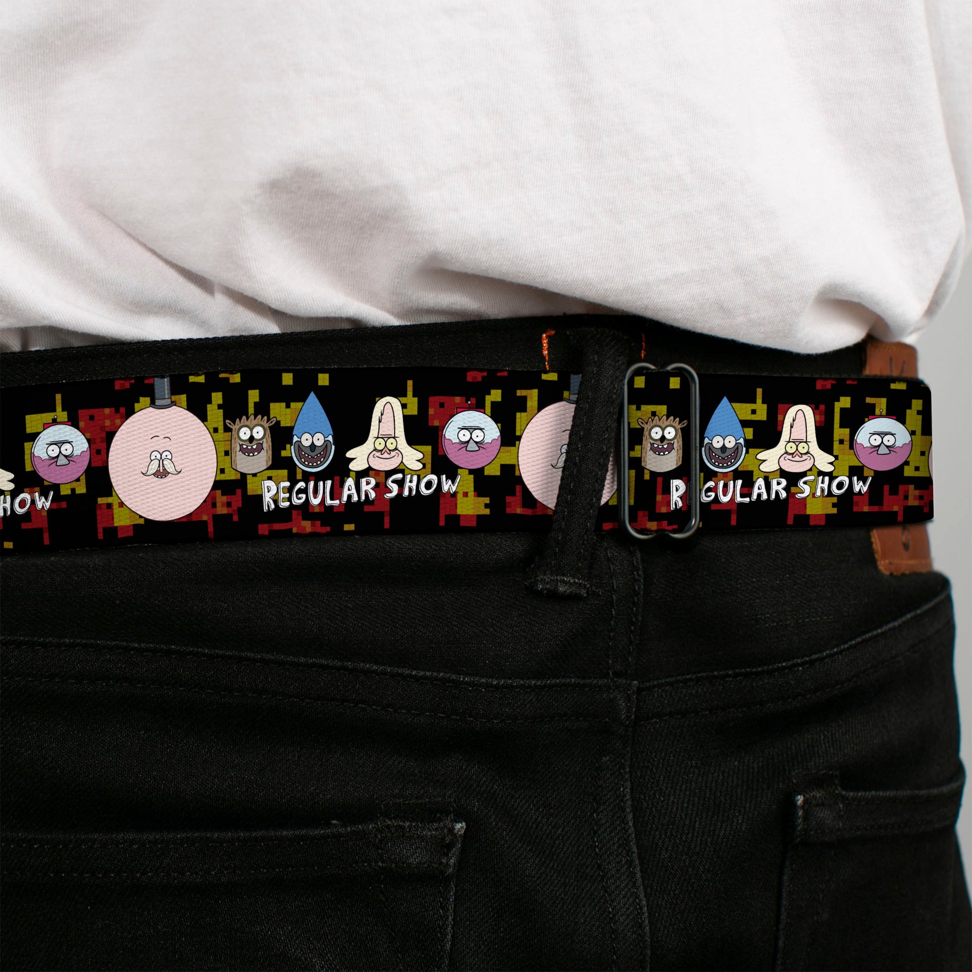 REGULAR SHOW Title Logo Full Color Black Seatbelt Belt - REGULAR SHOW Five Character Faces Black/Red/Yellow Webbing Seatbelt Belts Regular Show