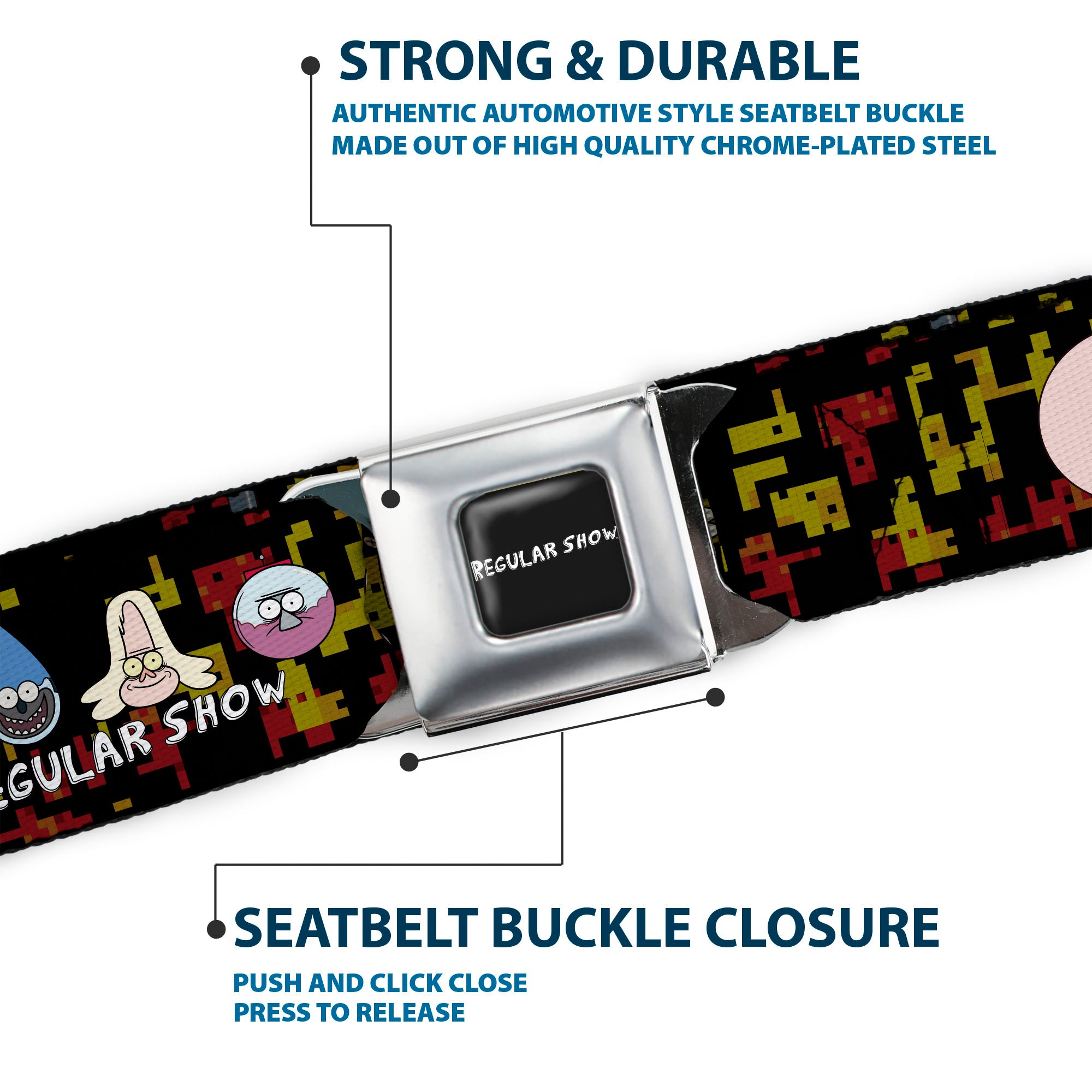 REGULAR SHOW Title Logo Full Color Black Seatbelt Belt - REGULAR SHOW Five Character Faces Black/Red/Yellow Webbing Seatbelt Belts Regular Show