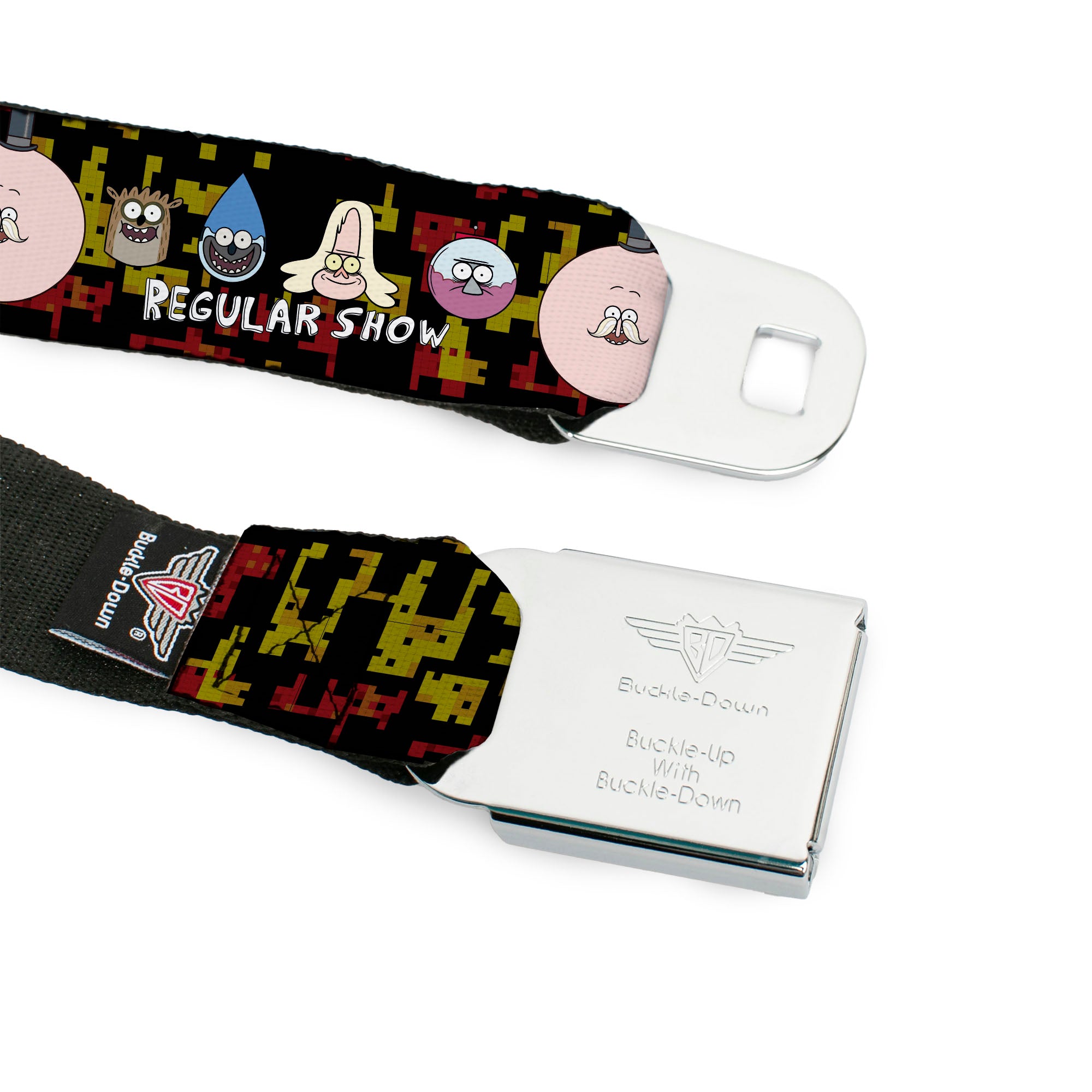 REGULAR SHOW Title Logo Full Color Black Seatbelt Belt - REGULAR SHOW Five Character Faces Black/Red/Yellow Webbing Seatbelt Belts Regular Show