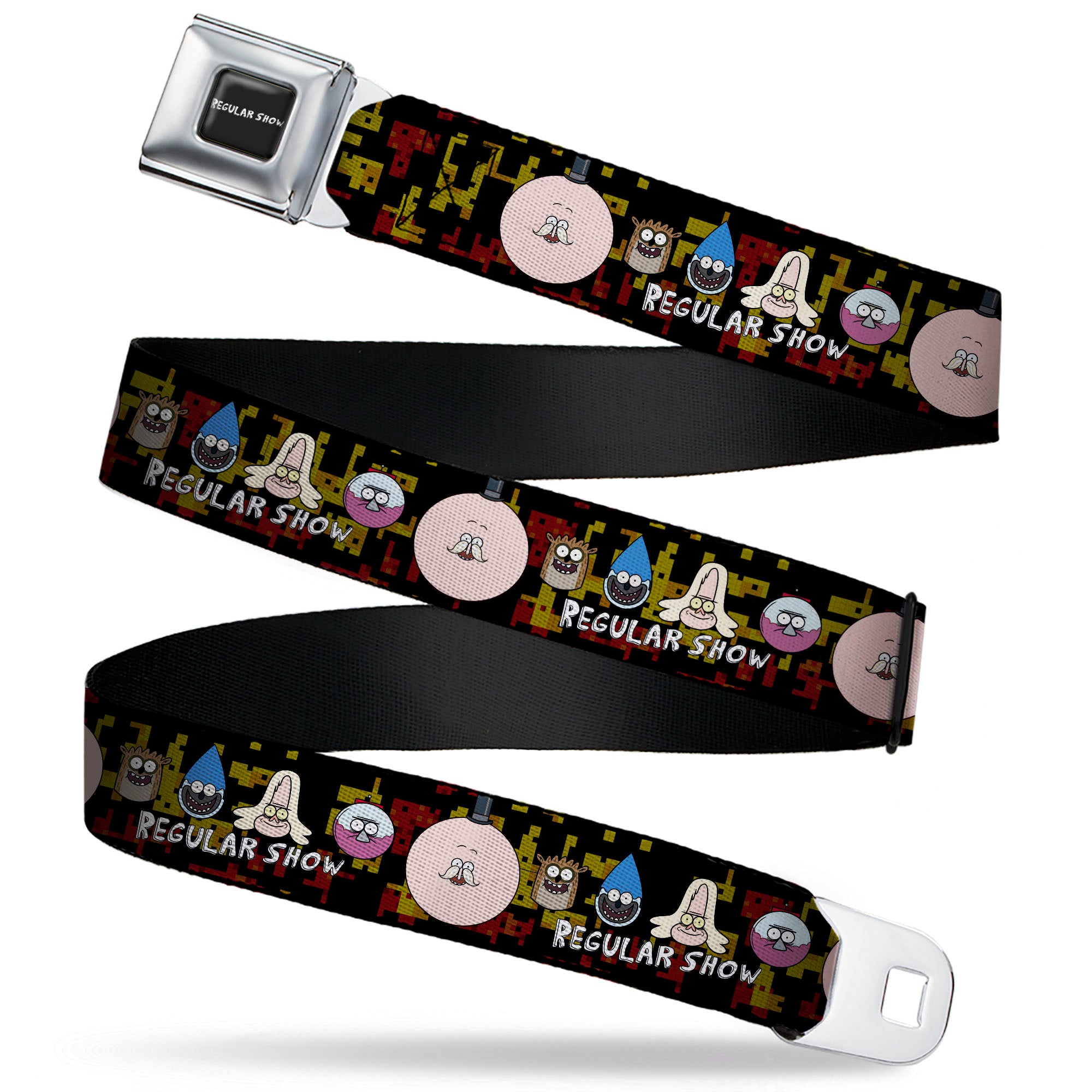REGULAR SHOW Title Logo Full Color Black Seatbelt Belt - REGULAR SHOW Five Character Faces Black/Red/Yellow Webbing Seatbelt Belts Regular Show